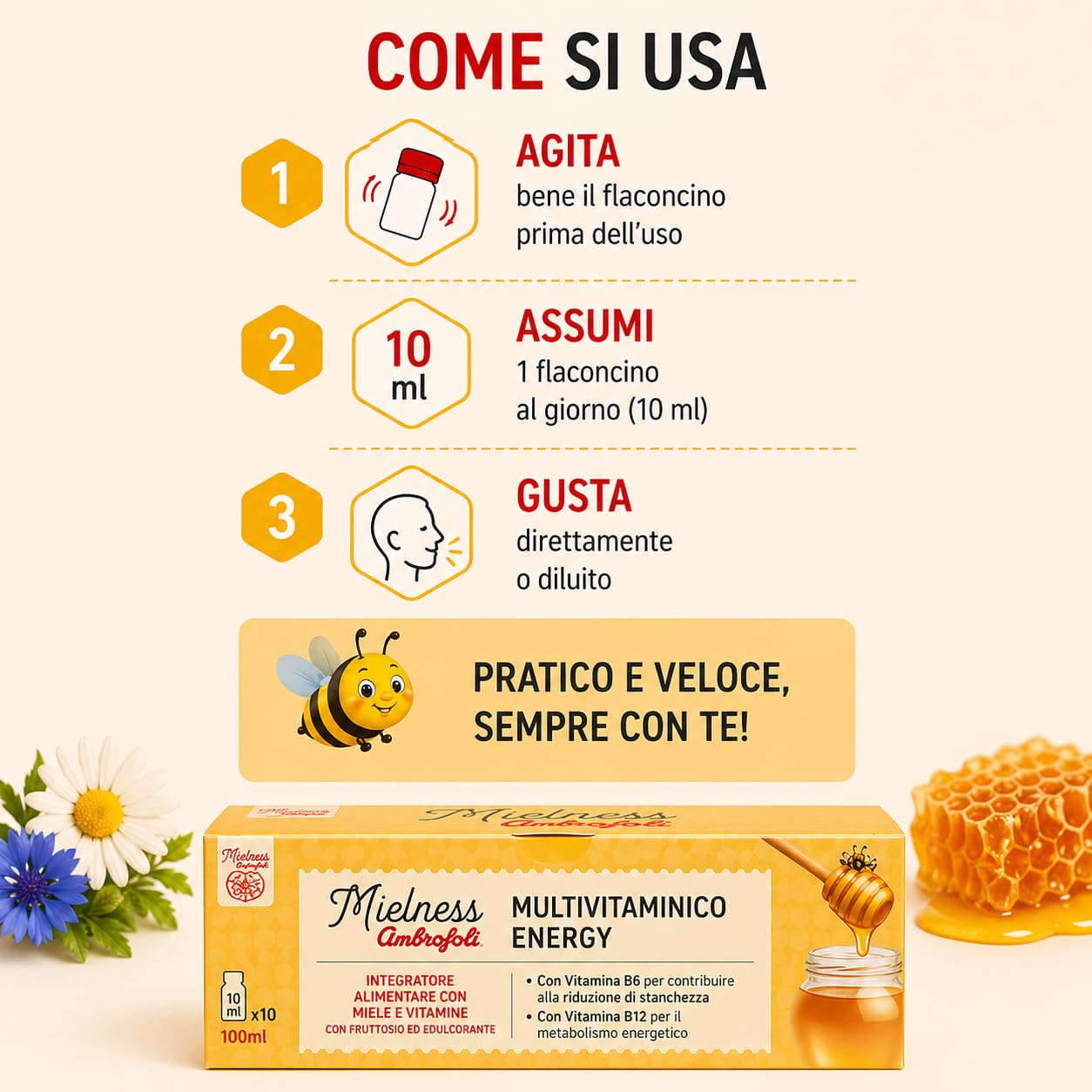 Ambrosoli Multivitaminico Energy con Miele – Integratore Stanchezza e Affaticamento – Vitamine B6 B12 – Metabolismo Energetico – 10 Flaconcini 10ml (Confezione da 2)