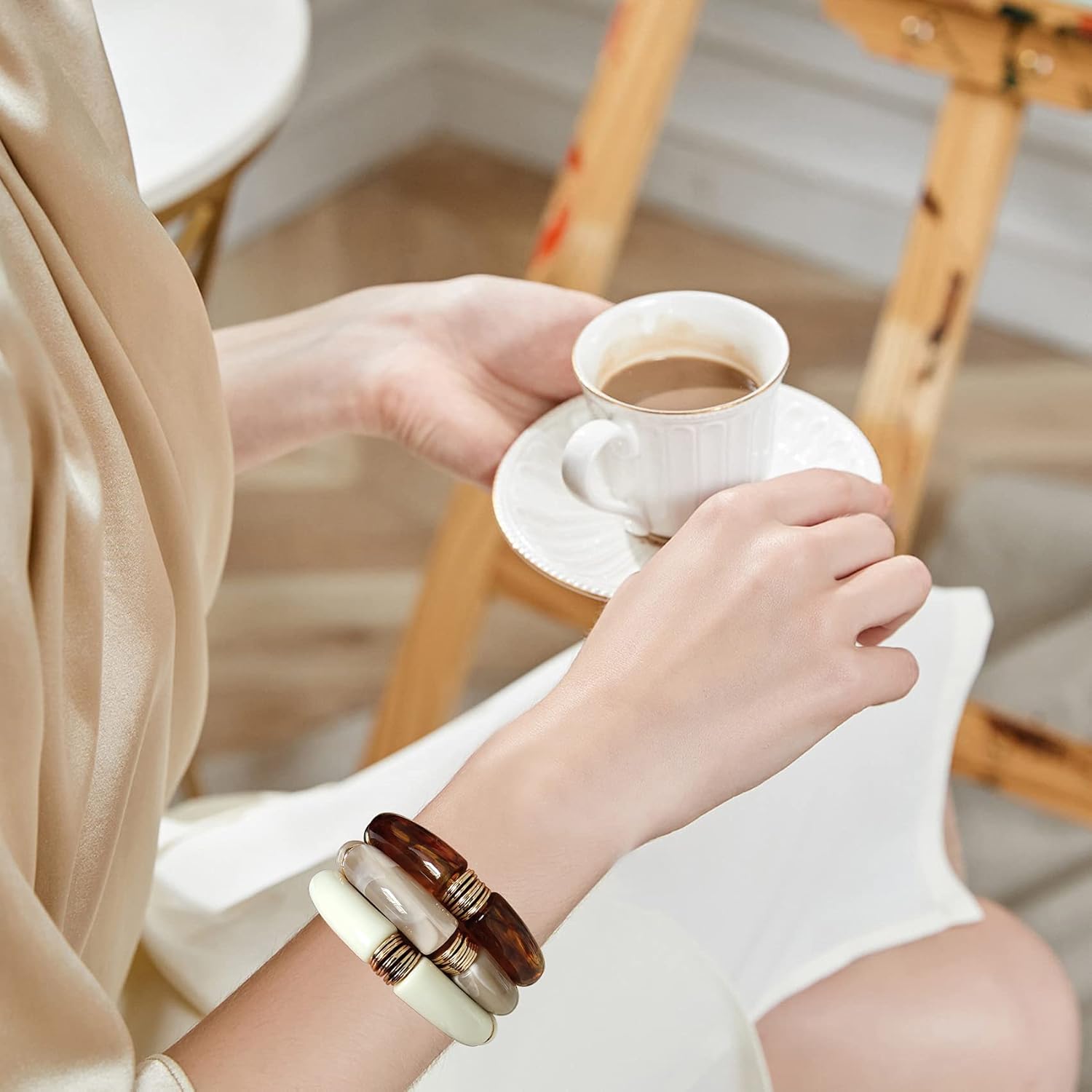 GOOJIDS Simple Beaded Gold Plated Bangles Bracelet Chunky Bamboo Tube Curved Stacking Clear Acrylic Colorful Beads Stretchable Gold Plated Bracelets Set For Women - Image 6