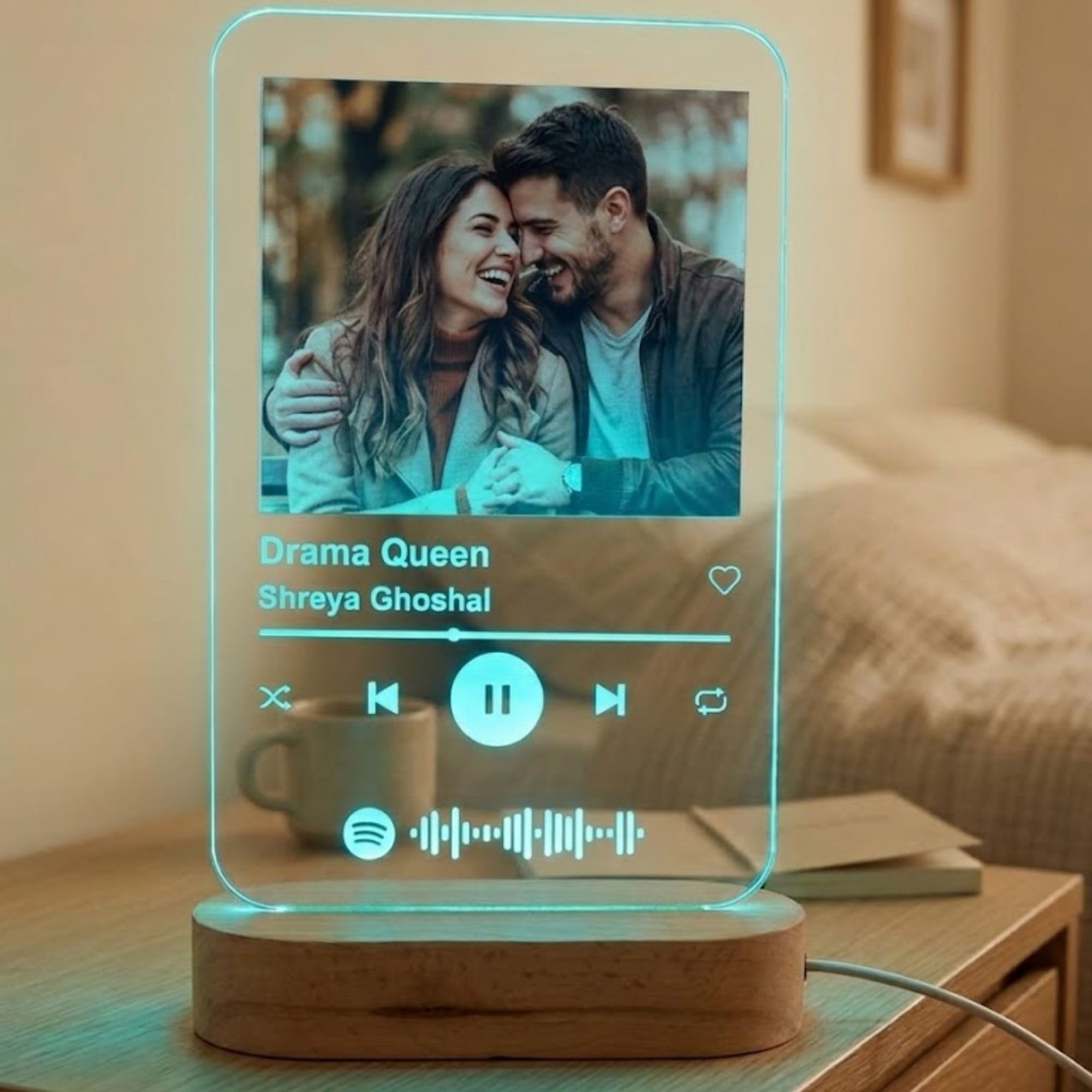SHAYONA Acrylic Customized Photo and song Glass Spotify Plaque with wooden LED Light stand | Personalized Photo Music Frame with scannable code (Transparent, 6 x 9 Inches), Warm White brother sister gift 3
