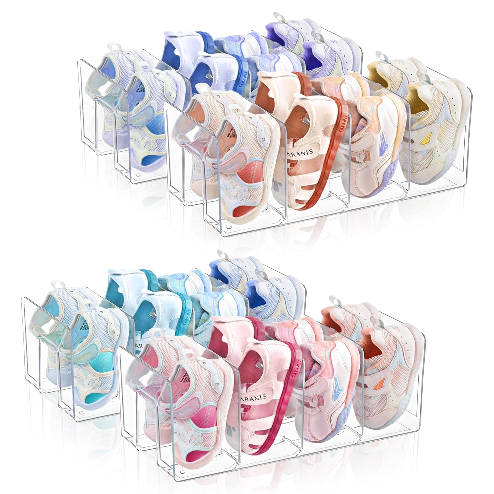 Photo 1 of Adando Kids Shoe Organizer Stackable: Clear Acrylic Baby Shoe Rack with Dividers - Closet Storage for Toddlers & Nursery Use (4 Pack)