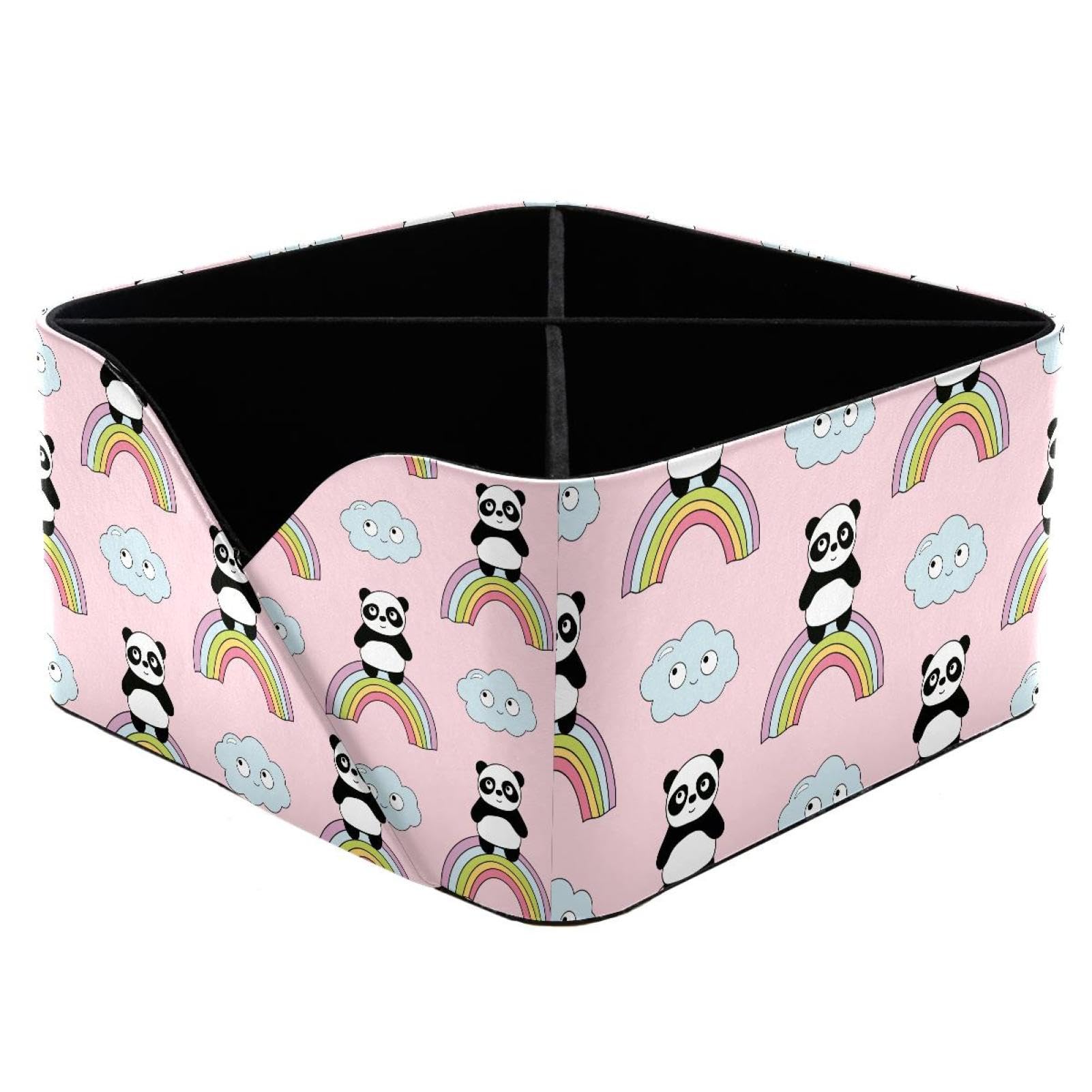 KengjuTesu Cute Pandas Rainbow and Clouds Pattern Desktop Organizer Pen Holder, Rectangular Pencil Cup for Office, Study and Makeup Stations