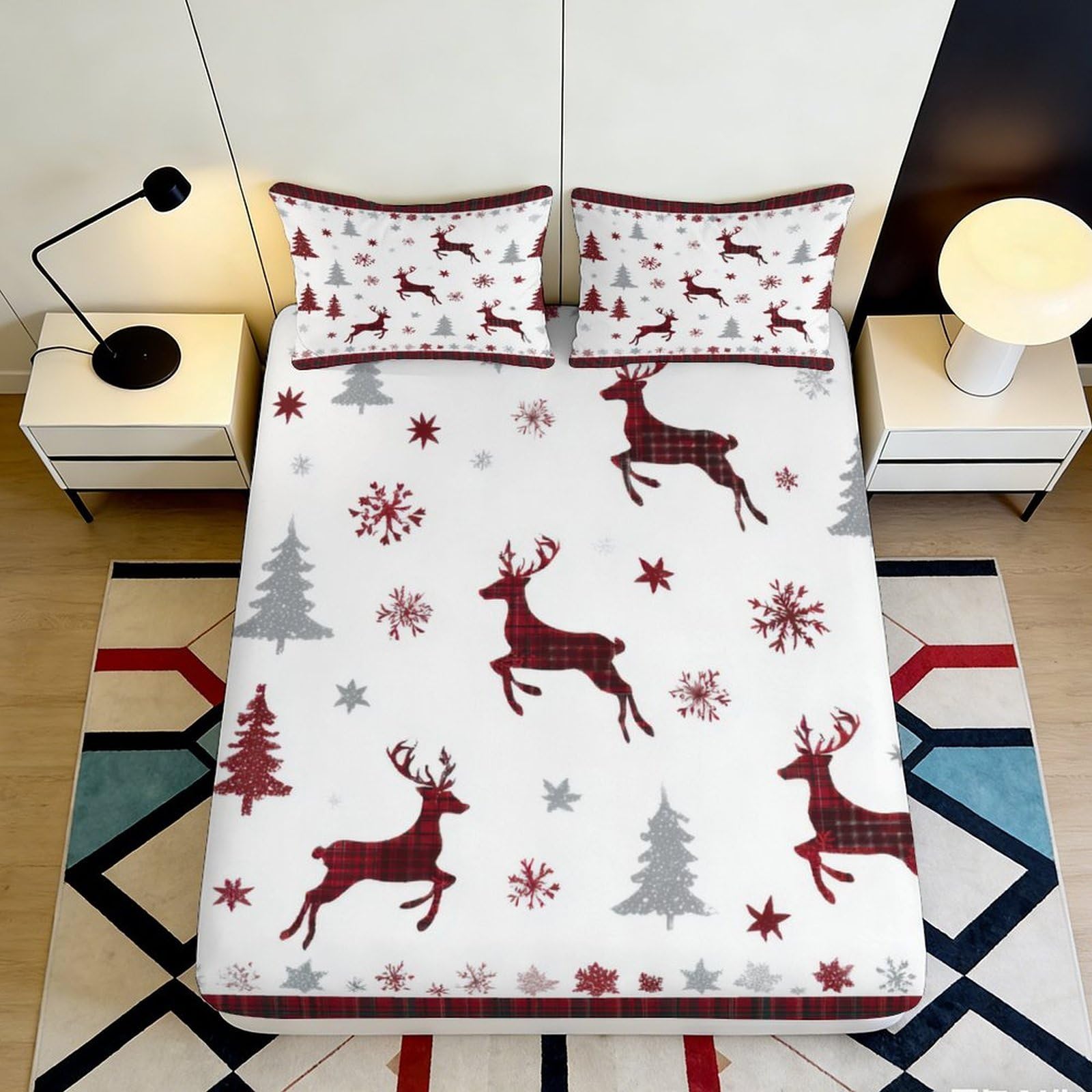 3D Printed Christmas Reindeer Fitted Sheet Microfiber Red Snowflake Tree Mattress Cover for Bedroom Guest Room Decor 90x200x25cm