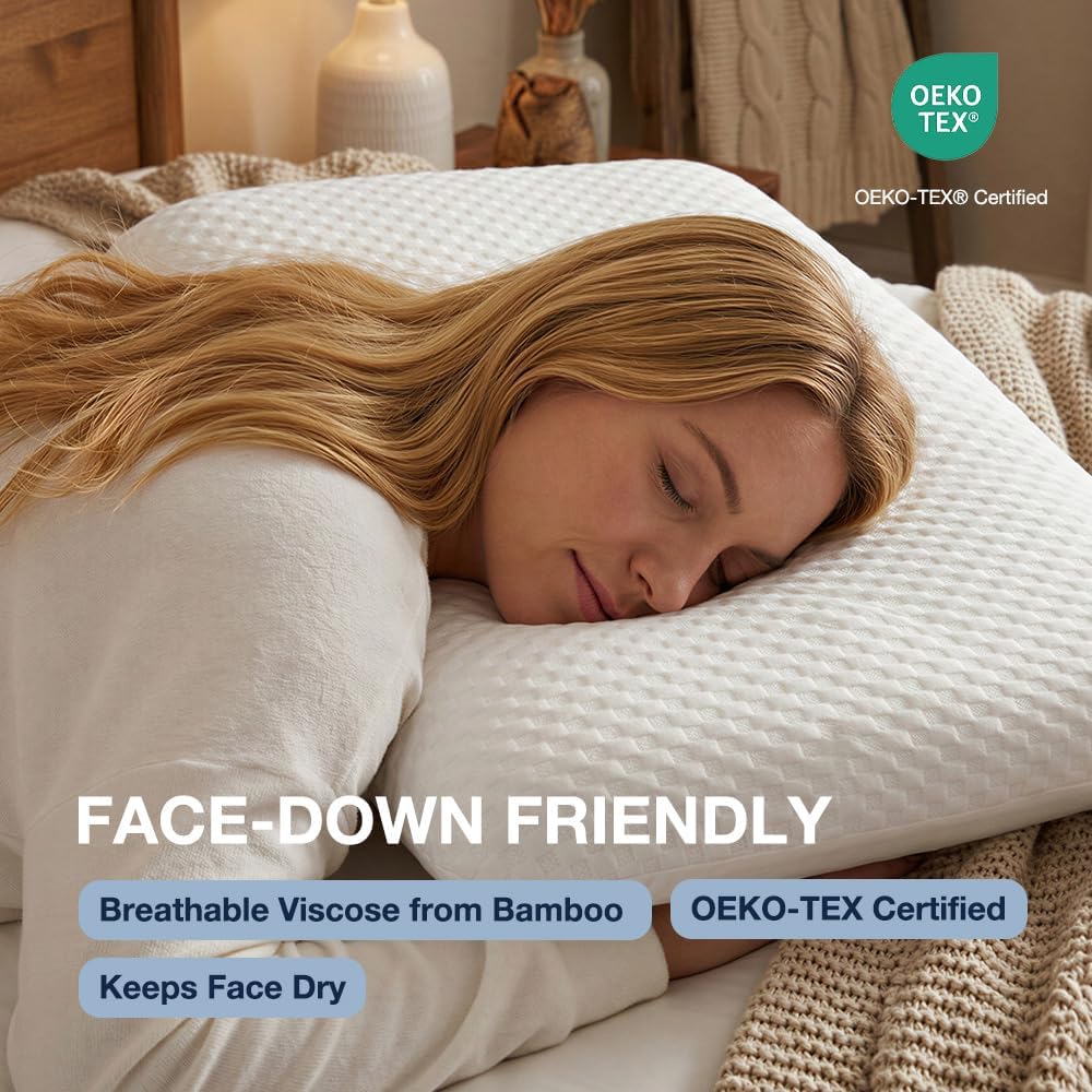 Thin Memory Foam Pillow for Stomach Sleepers - 2.75 Inch Low Profile Flat Pillows for Sleeping, Slim Odorless Foam Pillow and Case with 37% Rayon derived from Bamboo, Standard Size