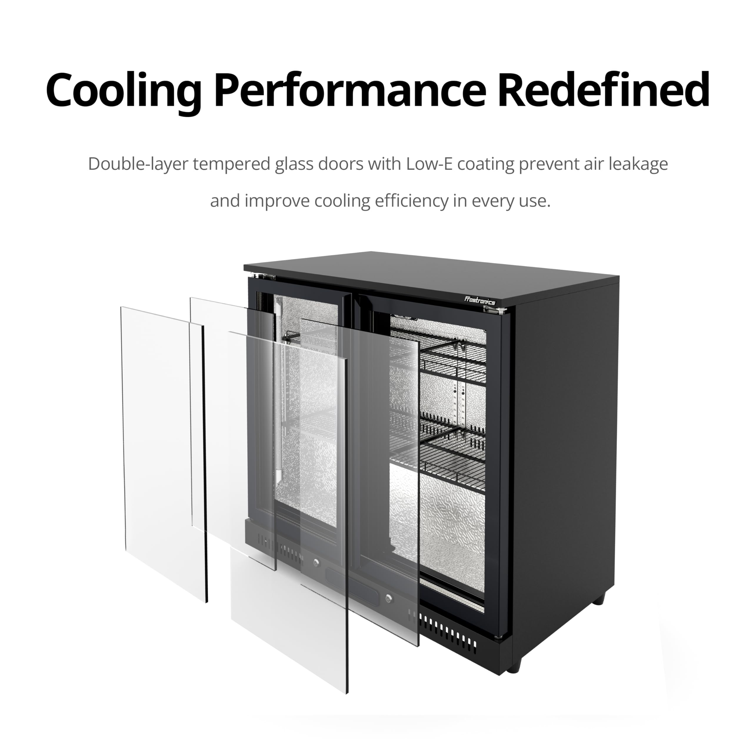 Frostronics 36 Inch 206 Cans Duo Hinged Door Back Bar Beverage Cooler, 6.75 Cu. Ft. Under Counter Glass Door Bar Fridge With Hinged Doors, Lockable, 32-50°F Display Refrigerator, Etl Certified, Black on Fridge.com - View 3
