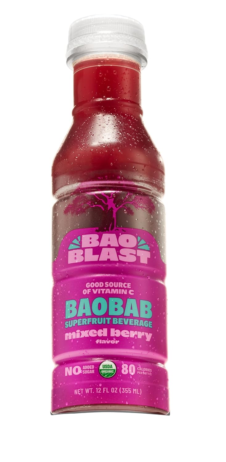 BaoBlast Mixed Berry Baobab Drink – Organic Baobab Juice with Apple, Blackberry & Raspberry, Low Sugar Functional Beverage with Prebiotic Fiber for Immune & Gut Support – 6 Pack, 12 fl oz