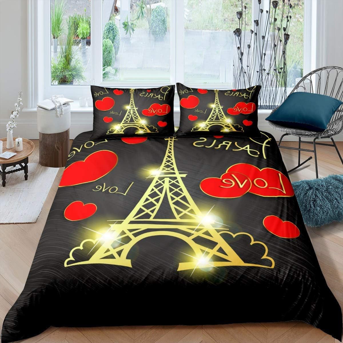Housse de couette 200x200 Tour Eiffel fermeture éclair pour lit ado 2 personnes