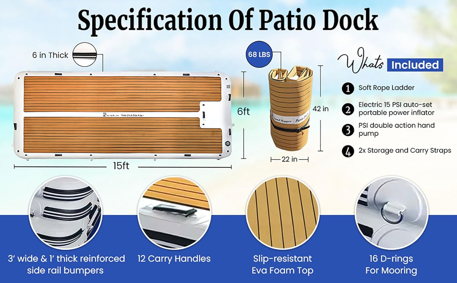Island Hopper Patio Dock Series Floating Docks – Inflatable Dock for Boats and Lakefront – UV-Resistant PVC with Non-Slip EVA Foam – Lake Floats Easy Setup and Storage