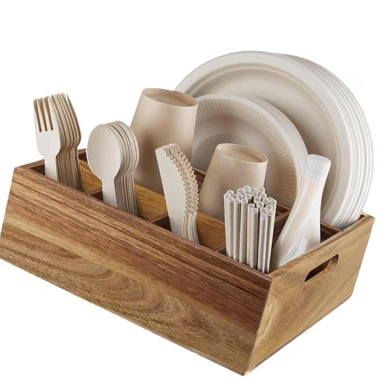Kaeltsyn Wooden Party Kitchen Utensils Organizers with Compartments for Plates Napkins and Cutlery Storage Kitchen Tool Rack