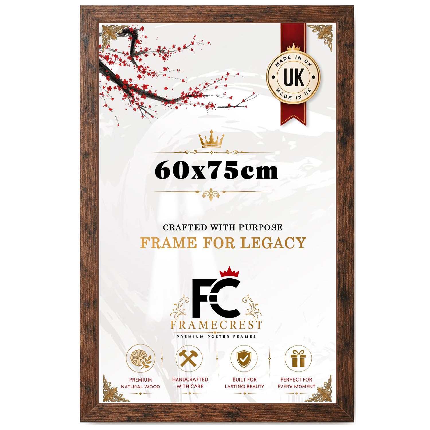 FRAMECREST Durable Rectangle Display Photo/Poster Frame 60x75cm | Solid Engineered Wood/MDF with Scratch-Proof Perspex | Horizontal or Vertical Wall Mounting - [Rustic] — image 1