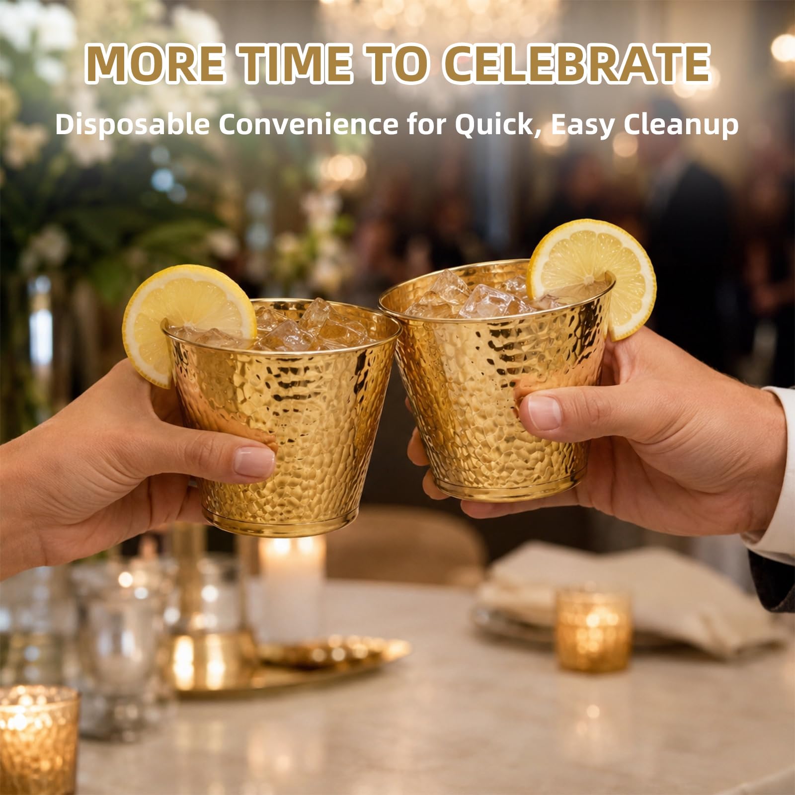 96-Pack Gold Hammered Plastic Party Cups 9oz, BPA-Free Leakproof Disposable Cups, Premium Elegant Drinkware for Weddings Birthdays Holidays Gatherings — Amazon image 6