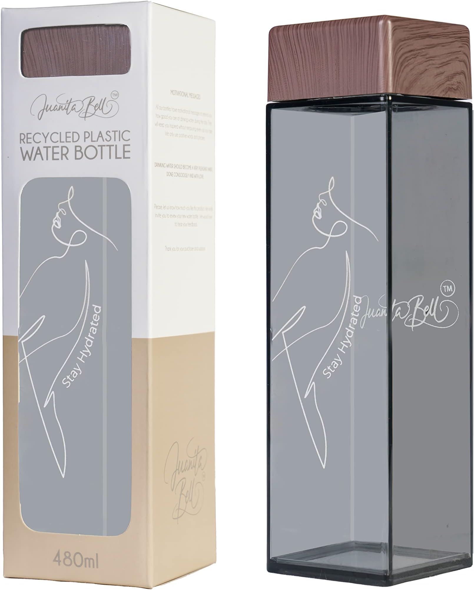 Juanita Bell Square new water bottle, recycled plastic-BPA-free, 480 ml, female silhouette, sleek elegant design,20.5 X 5.8 X 5.8 cm-chic package, wonderful gift-UK Brand TM