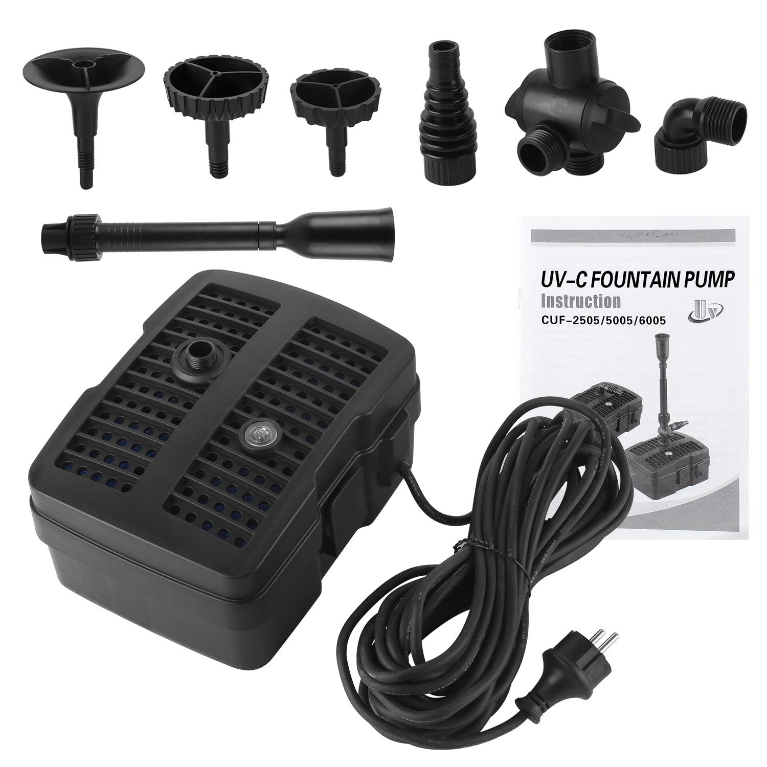 Forever Speed - Bomba para Estanque 4 en 1 con Filtro, 5 W clarificador UV, 1000 l/h, con Cable de alimentación de 10 m para diseño de Fuentes de jardín