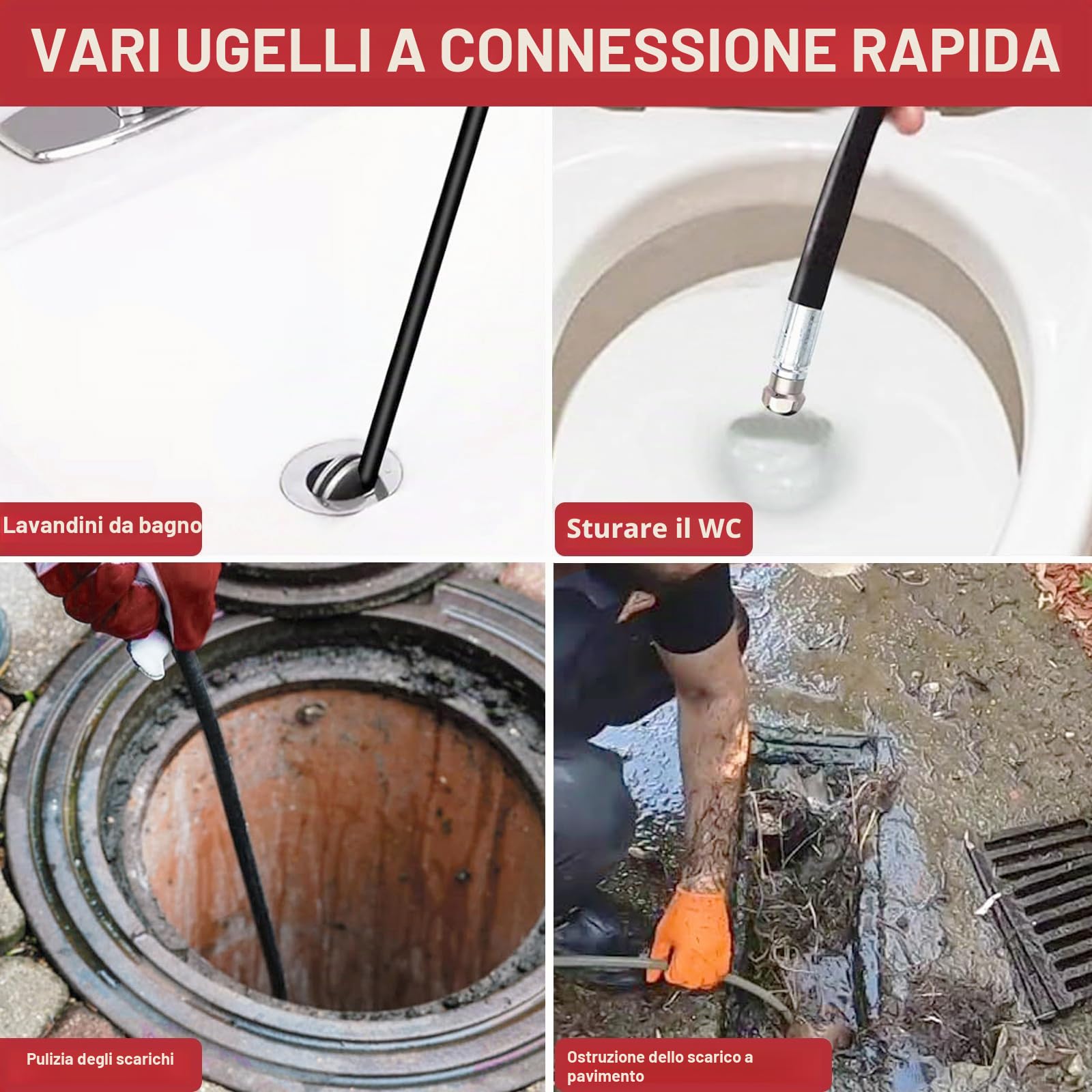 Tubo di sbocco 15 m per tubo con 3 adattatori e 2 ugelli | Tubo flessibile ad alta pressione per Karcher e Lavor, pulitore antitappo, adatto per canalizzazioni, condotti e scarichi
