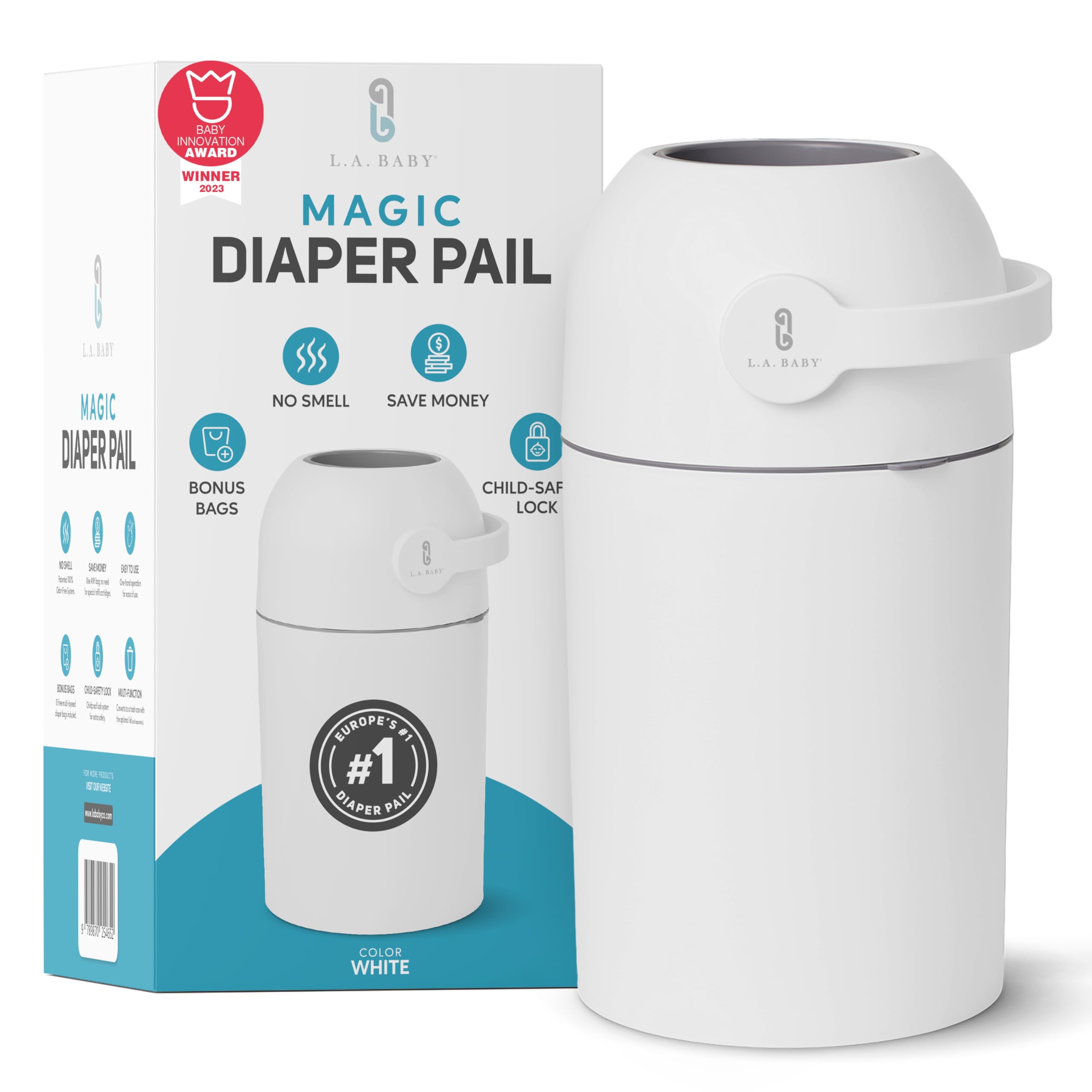 Magic Diaper Pail - Patented 100% Odor-Free System with Child-Safe Lock - Award-Winning Design - No Refills Required - Works with Regular Trash Bags - (Grey not white)