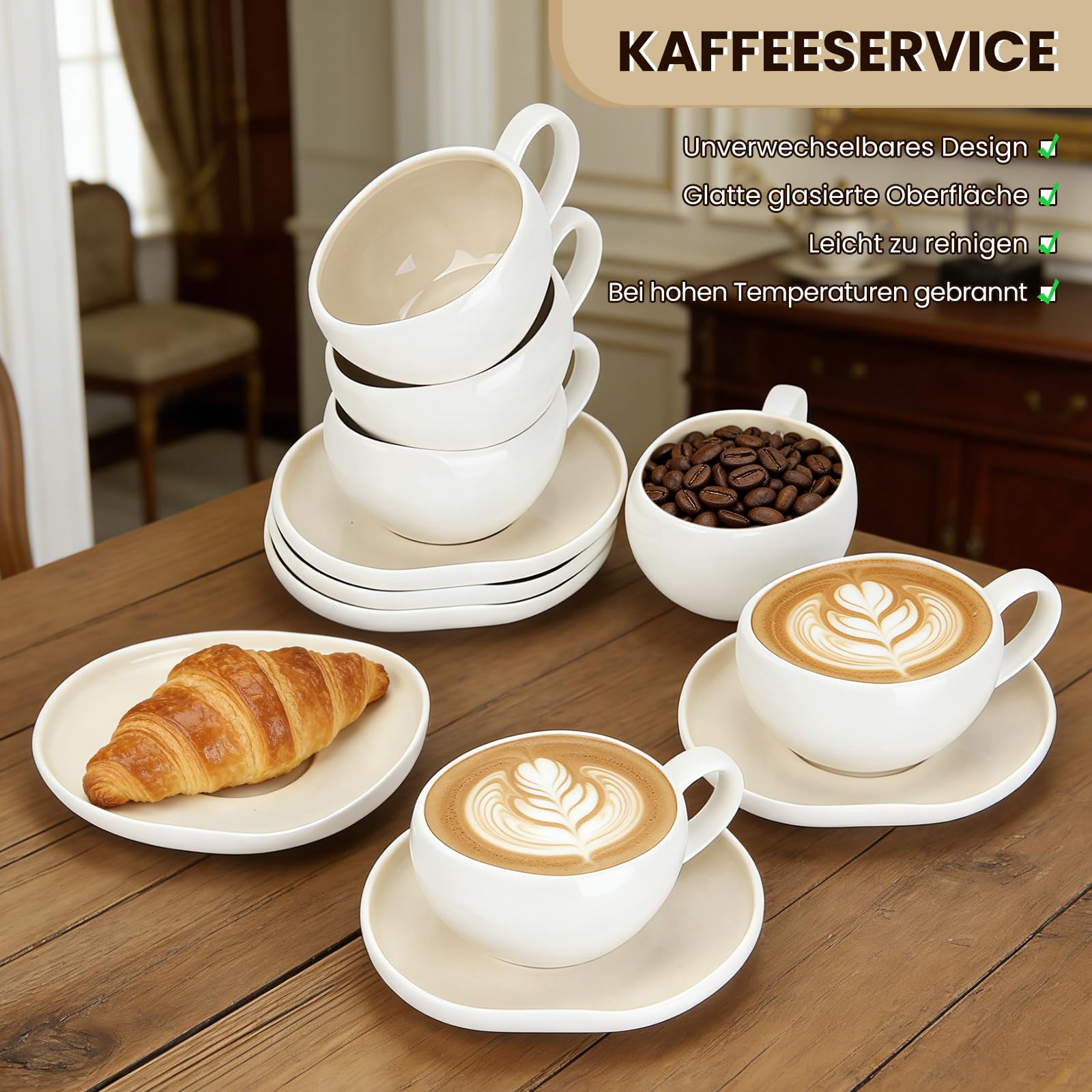 Filiżanki do espresso, zestaw filiżanek do espresso ze spodkami, 6-częściowy zestaw ceramicznych filiżanek do espresso i moki, 120 ml, filiżanki i spodki, jasnobeżowy i biały