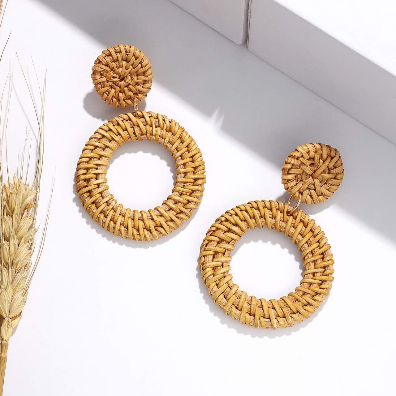 Rattan Earrings for Women Handmade Straw Wicker Braid Drop Dangle Earrings Lightweight Geometric Statement Earrings (E 4PCS Set 2) - Image 4