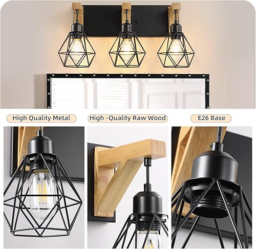 Miniatura 3 de Lámpara de tocador de granja de 3 luces para baño, lámparas de baño de madera sobre el espejo, apliques rústicos de pared con elegante pantalla de