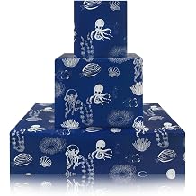 Octopus Jellyfish Seahorse Fish Ocean Nautical Royal Blue Wrapping Paper, Under the Water Marine Life Animal Coastal Gift Paper for Birthday Baby Shower, 4 Sheets Folded Flat 50x70cm Per Sheet