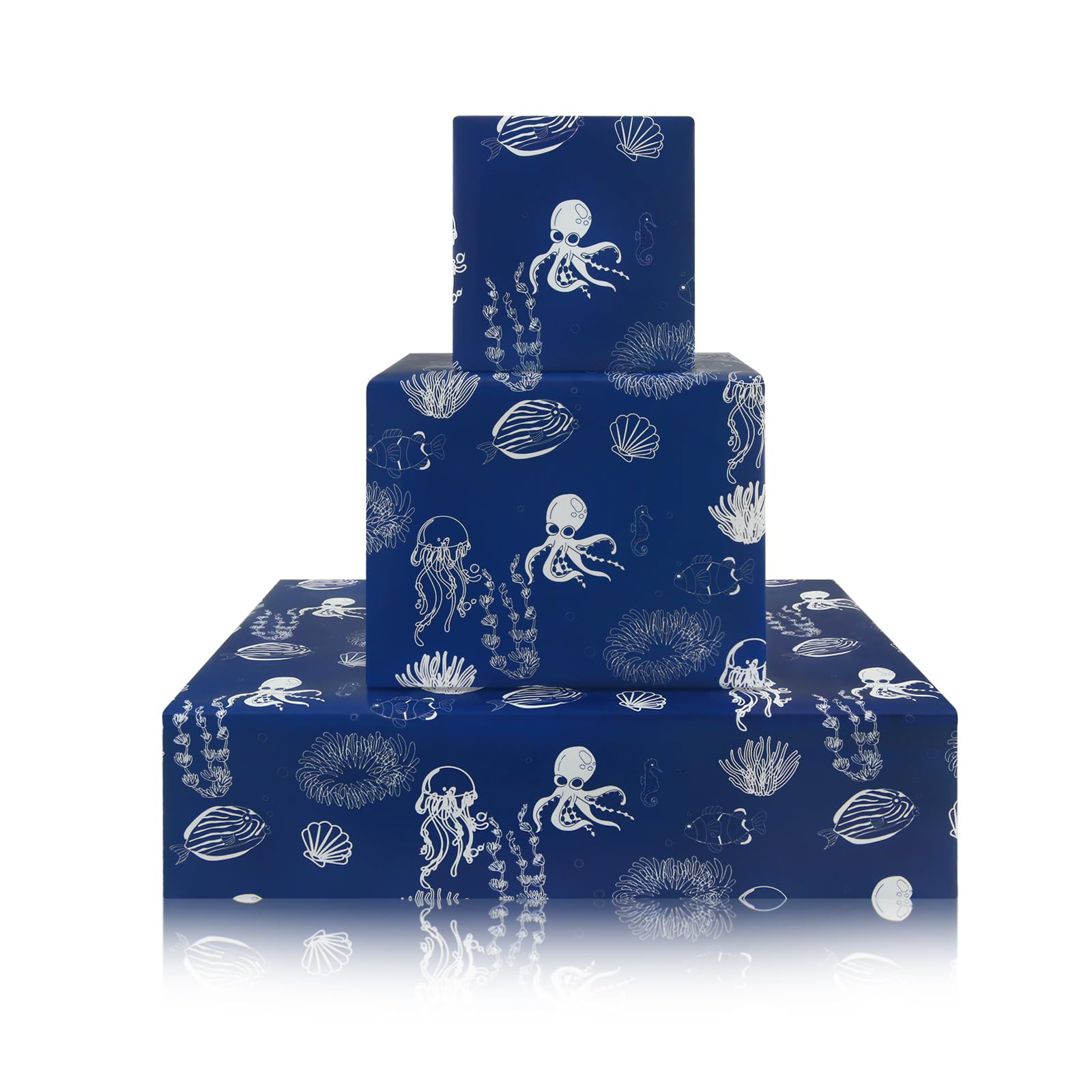Octopus Jellyfish Seahorse Fish Ocean Nautical Royal Blue Wrapping Paper, Under the Water Marine Life Animal Coastal Gift Paper for Birthday Baby Shower, 4 Sheets Folded Flat 50x70cm Per Sheet