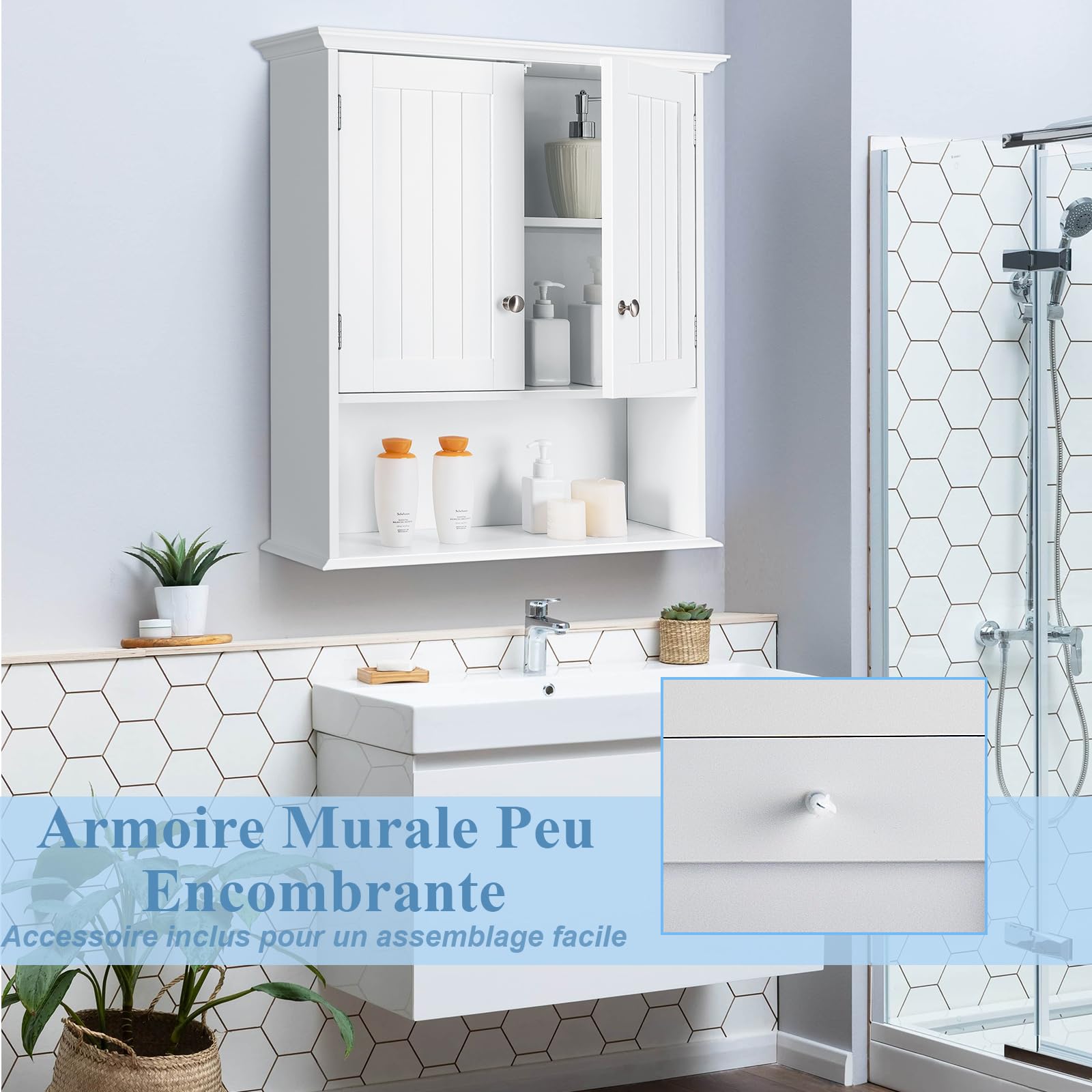 GIANTEX Armoire Salle de Bain Suspendue en Bois, Armoire Murale avec 2 Porte, Étagère Réglable, Compartiment Ouvert, Placard Murale pour Toilette, Cuisine, Entrée, 60 x 20 x 71 CM (Blanche)