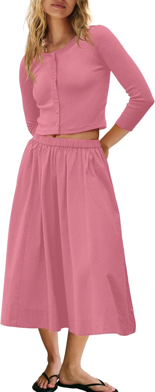 Panadila Womens 2 Piece Lounge Sets Matching Vacation Outfits Ribbed Button Down Cardigan and Elastic Waist Skirt Sets