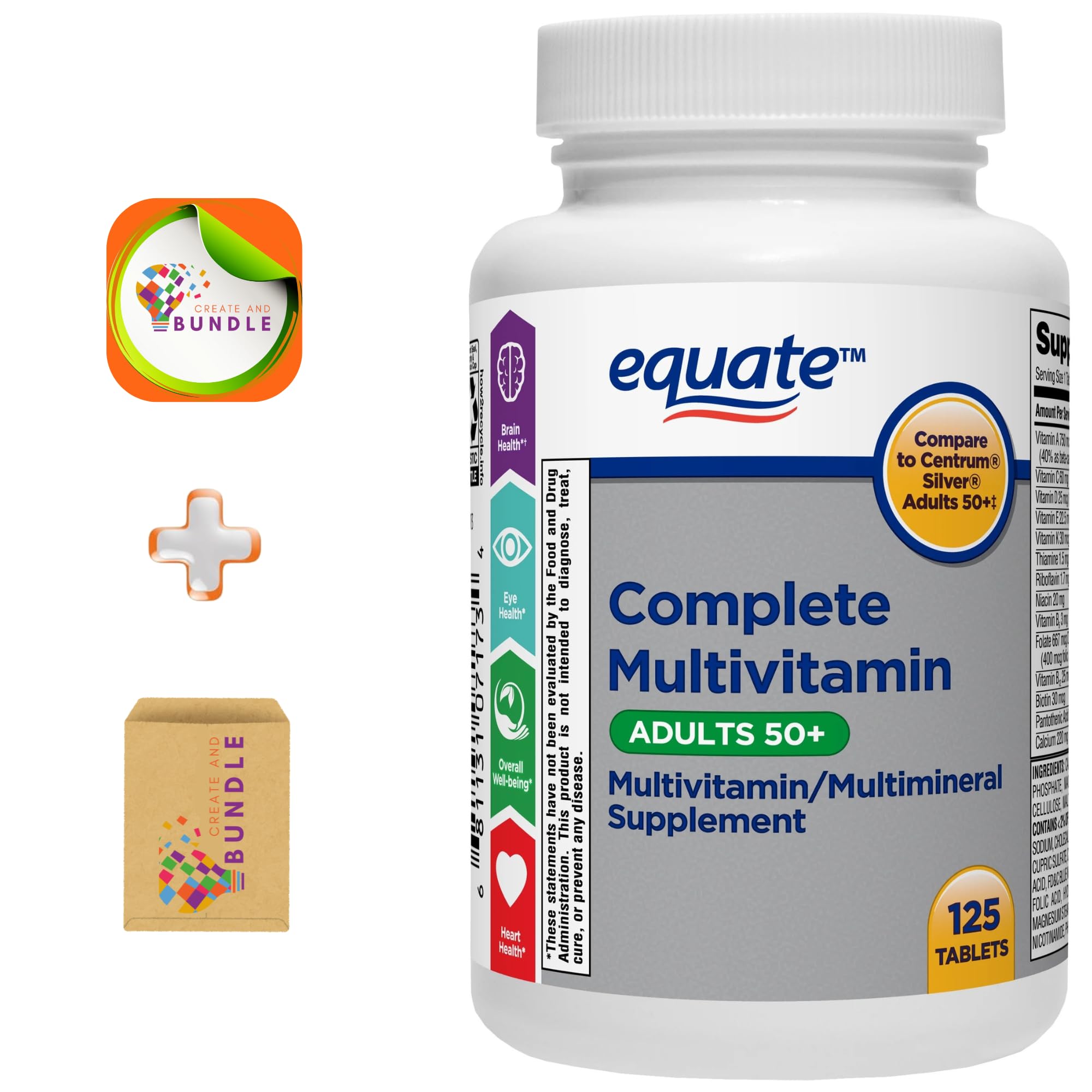 Equate Adult 50+ One Daily Complete Multivitamin/Multimineral Supplement, 125 Tablets, Comprehensive Multivitamin for Adults Over 50 + Createandbundle Sticker