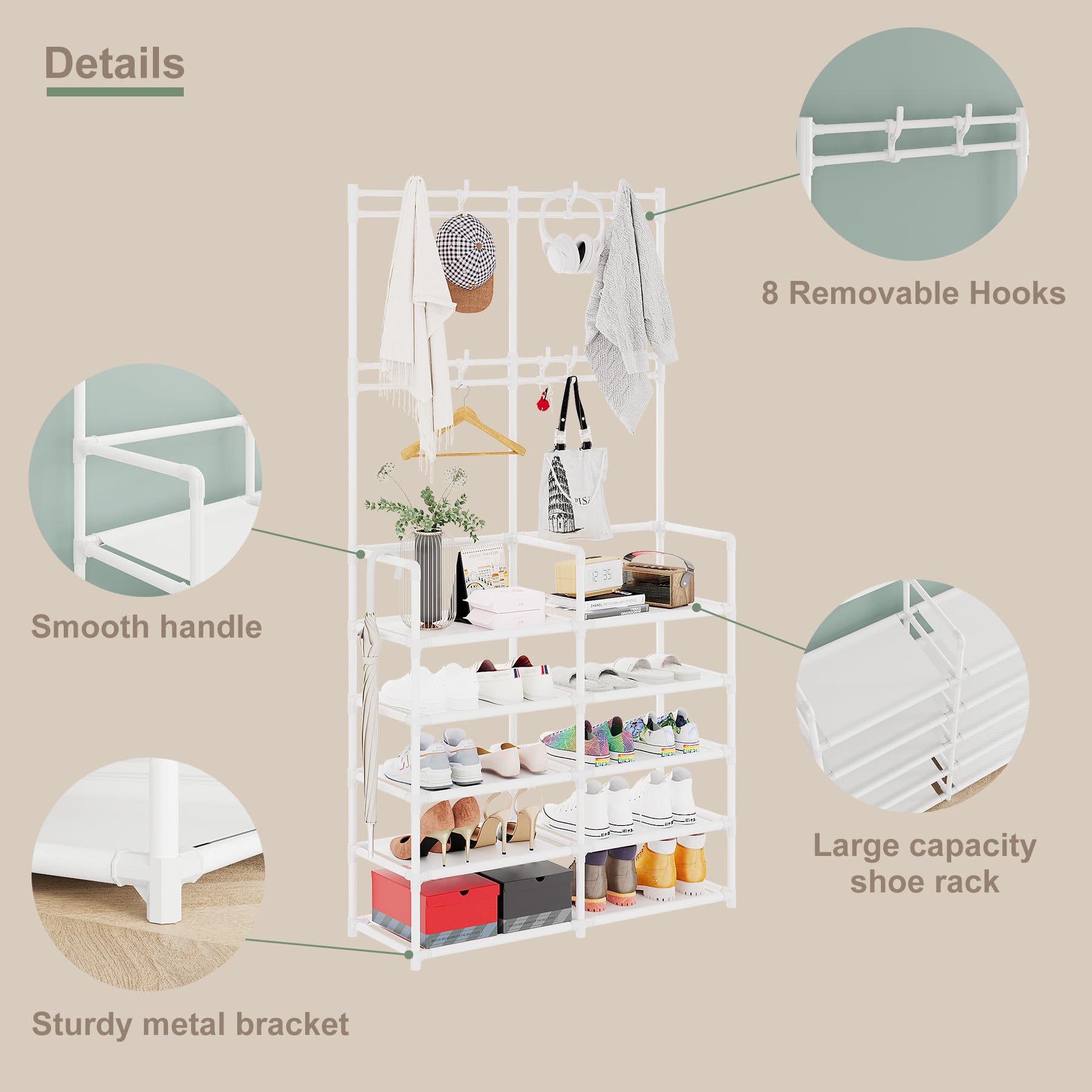 UDEAR 5Tier Coat and Shoe Rack, Entryway Coat rack with 9 Hooks, Double Row Shoes Organizer for