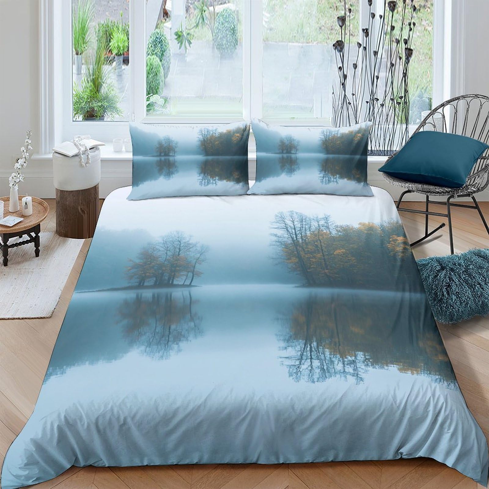 Ctjqhvkz Style-1 3D Printed Misty Lake Fitted Sheet Microfiber Soft Blue Forest Mattress Cover For Bedroom Decor Protection Single（135X200cm）