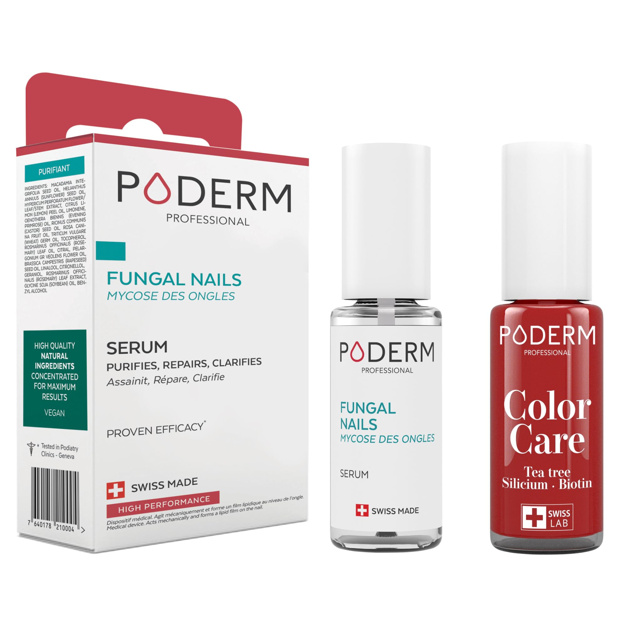 PODERM - 2 PRODUCTOS | MICOSIS DE LA UÑA TRATAMIENTO 2en1 | Esmalte de uñas Rojo Allure | BIO | TRATA Y DA COLOR | Tratamiento profesional Pies/Manos | Fácil y rápido | Fabricado en Suiza