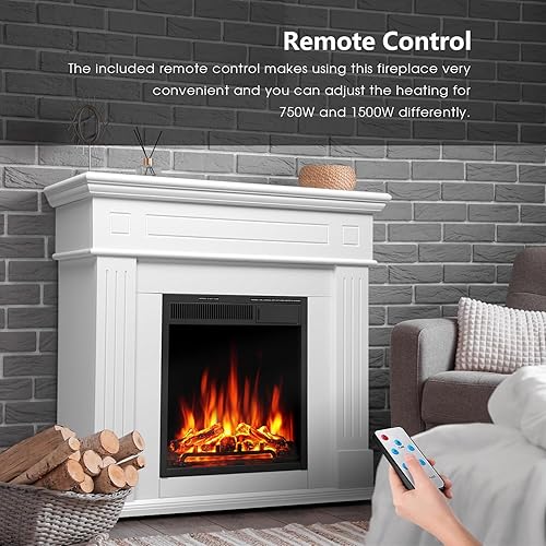 Miniatura 5 de Chimenea eléctrica con chimenea envolvente de madera, control remoto, llama LED ajustable, chimenea independiente de 750 W/1500 W (blanco perlado)