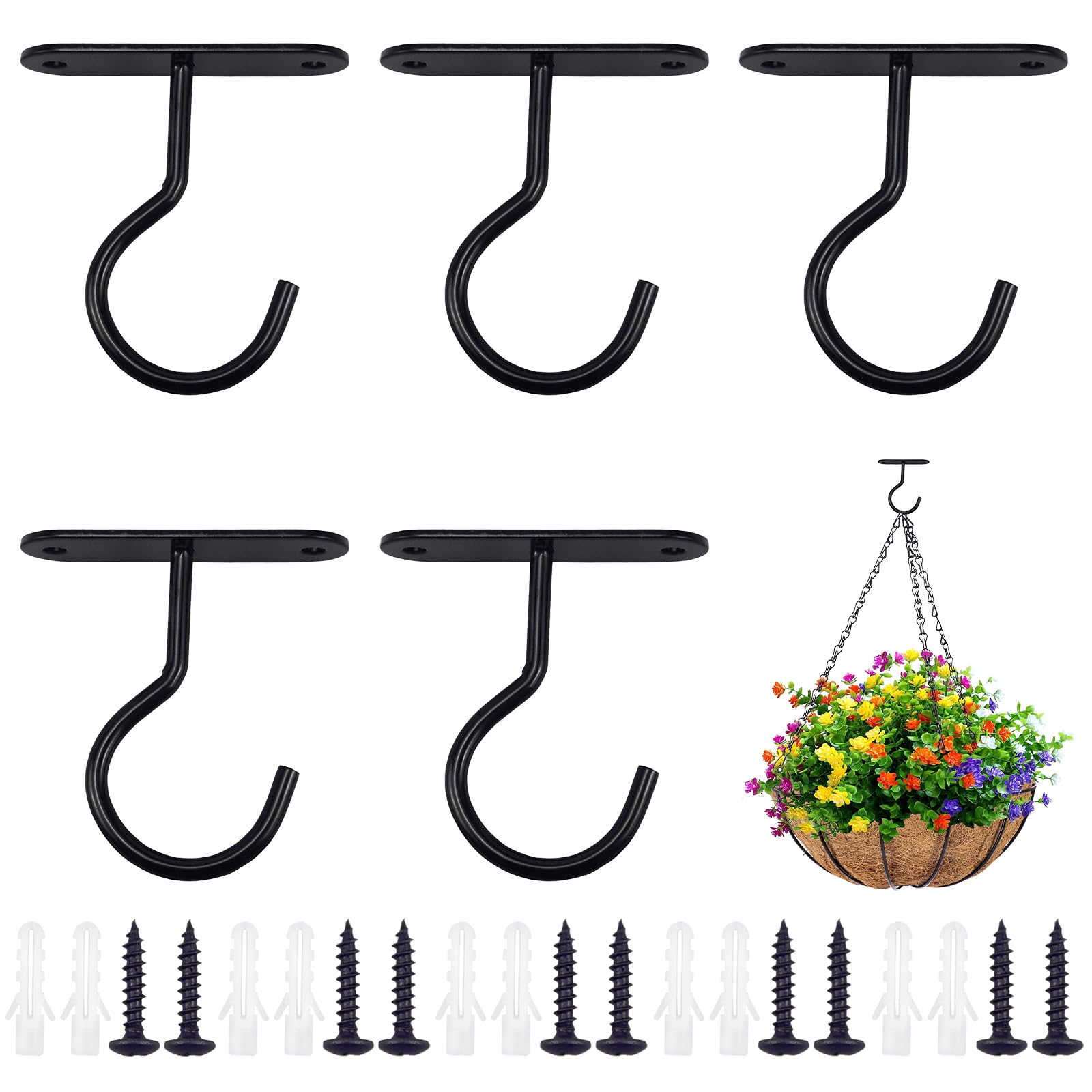 Hwanme 5 PCS Ceiling Hooks for Hanging Plants, Durable Hanging Basket Hooks with Screws and Plugs for Lanterns Wind Chimes Planters Bird Feeders (Black)