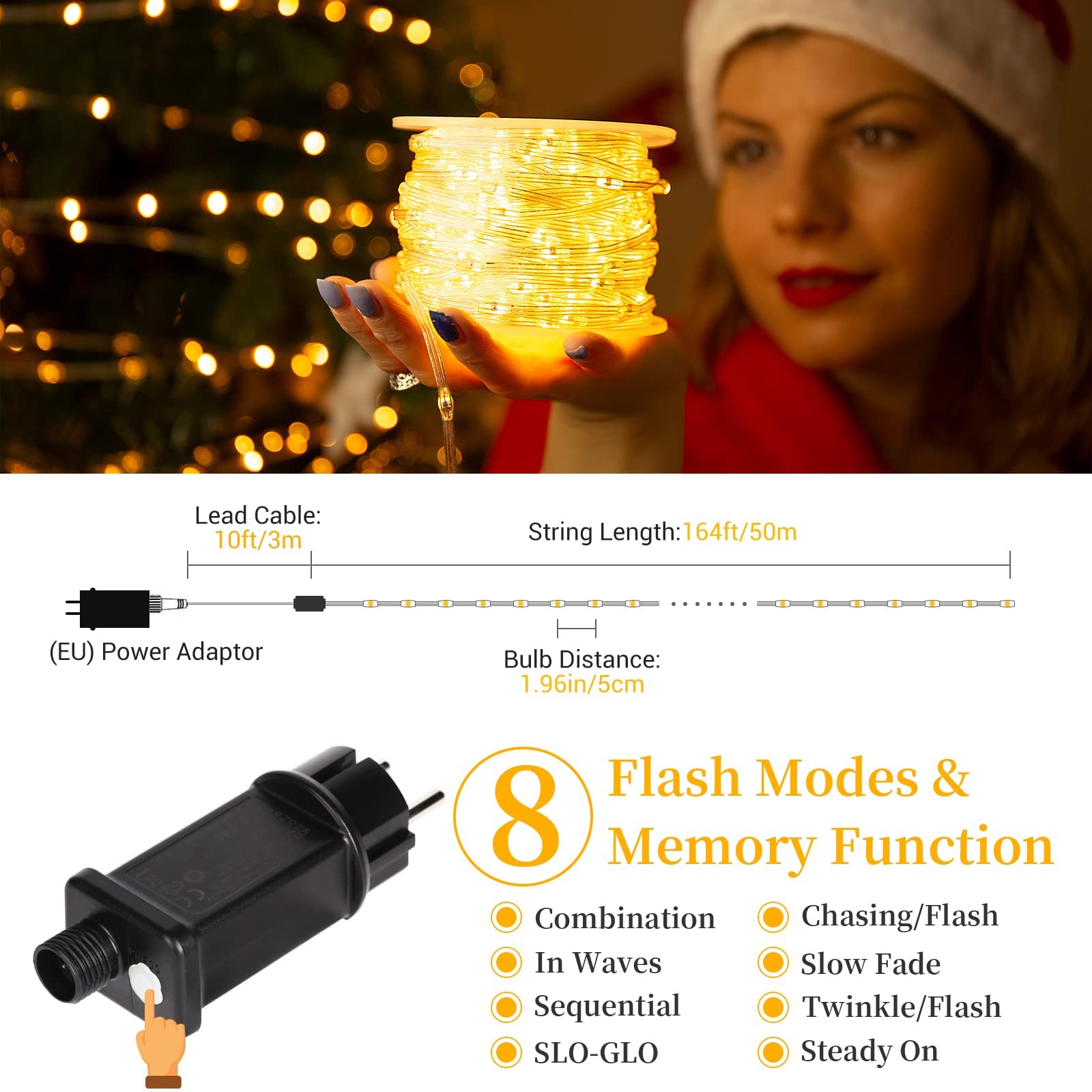 Quntis IP65 Lichterkette Außen 50m 1000 LED Lichterschlauch, Weihnachtsbeleuchtung Strombetrieb Warmweiß, 8 Modi Speicherfunktion, Weihnachtsdeko für Baum Terrasse Balkon Garten Wand Zimmer Haus Party