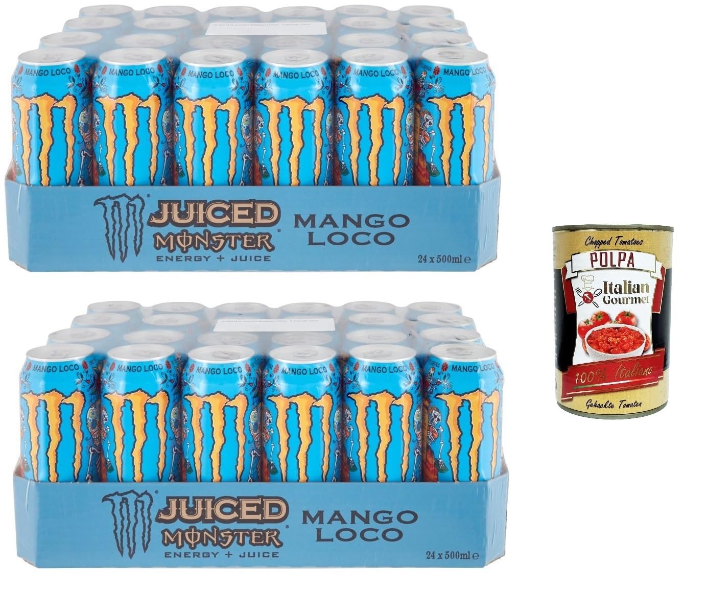Italian Gourmet Bevanda Energetica Mango Loco, Energy-, 48 x 500ml | Gusto tropicale, mit Guave und Ananas, caffeinato e fruchtig in praktischer, Gesamtnettogewicht 24 L + Kostenlos Polpa 400g