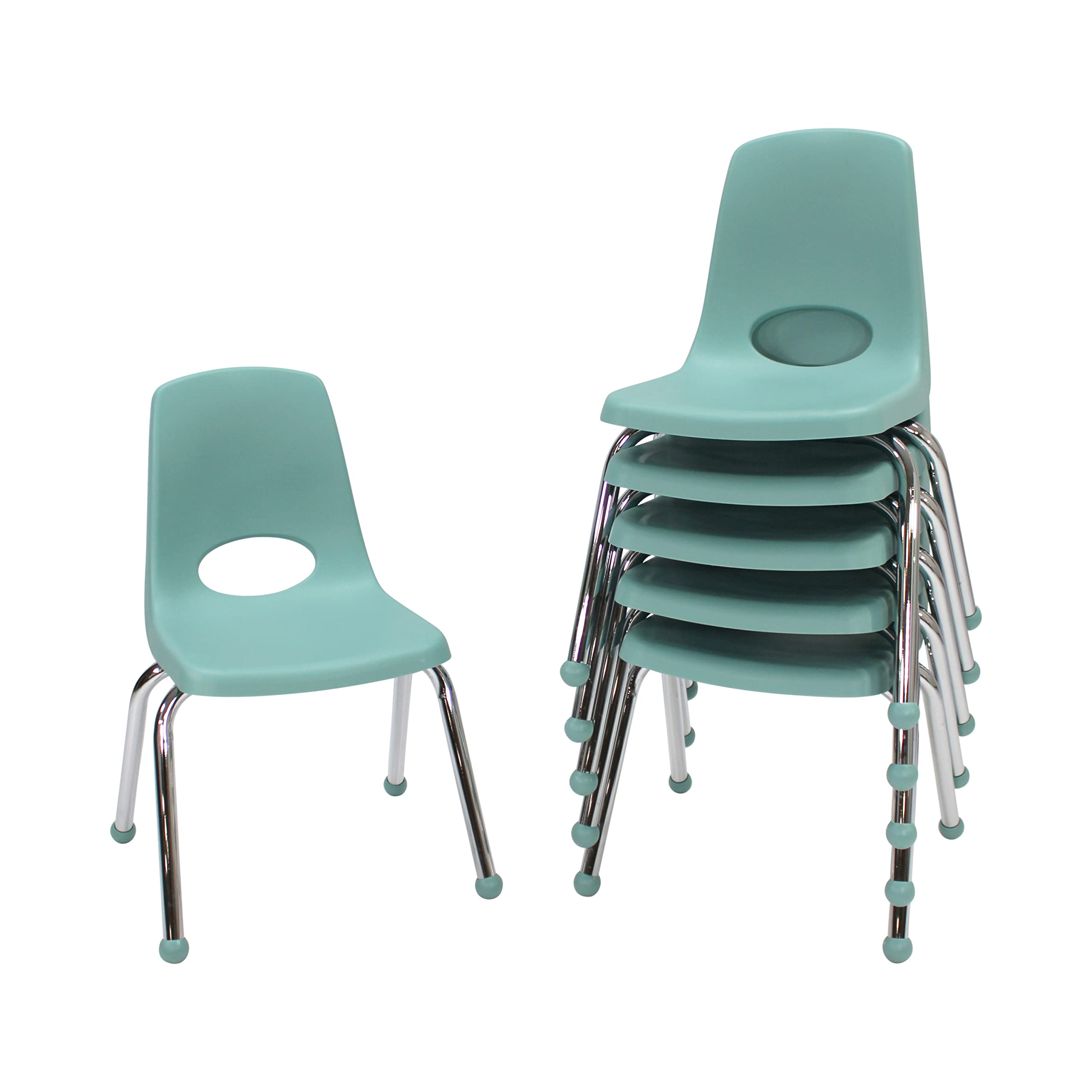 Factory Direct Partners 10363-SF 14" School Stack Chair, Stacking Student Seat with Chromed Steel Legs and Ball Glides for in-Home Learning or Classroom - Seafoam (6-Pack)