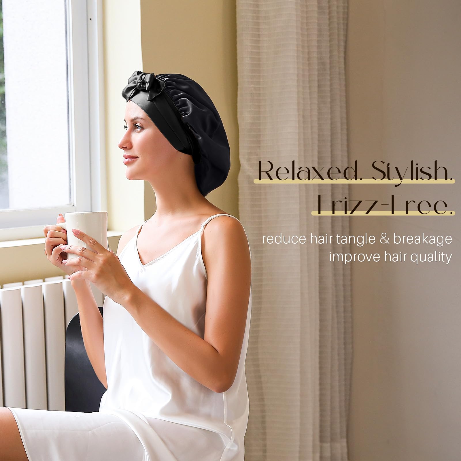 ZIMASILK 100% Mulberry Silk Bonnet for Sleeping Shower Caps Women Long Hair Double Layer Silk Hair Wrap with Elastic & Tie Band Cooling Hair Caps for Hair Care Stay On Head (1Pc - Image 3