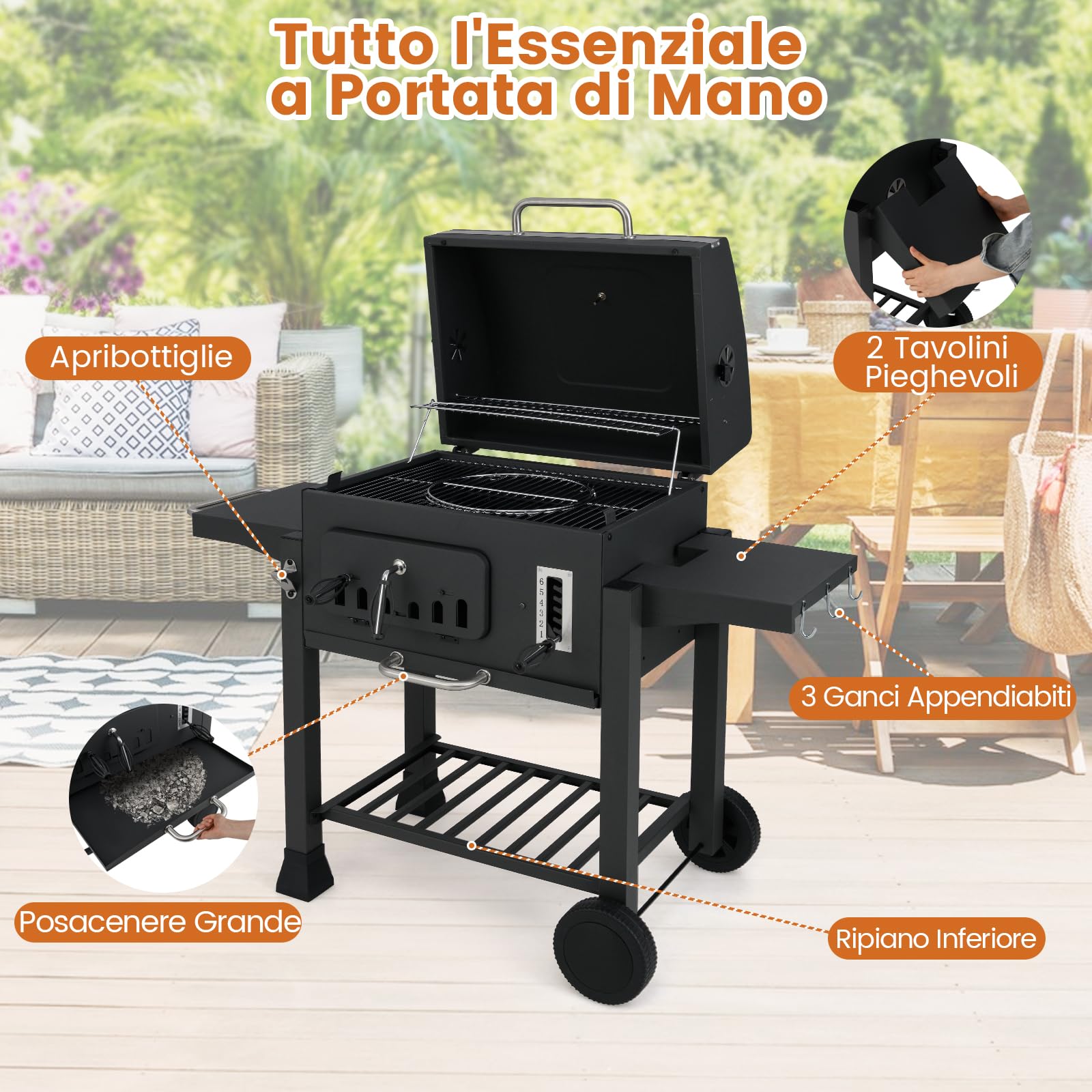 COSTWAY Barbecue a Carbone da Esterno con Ruote, Barbecue a Carbone Portatile con 2 Tavolini Pieghevoli, Vassoio del Carbone Regolabile a 6 Livelli e Ripiano di Stoccaggio, per Campeggio, Picnic