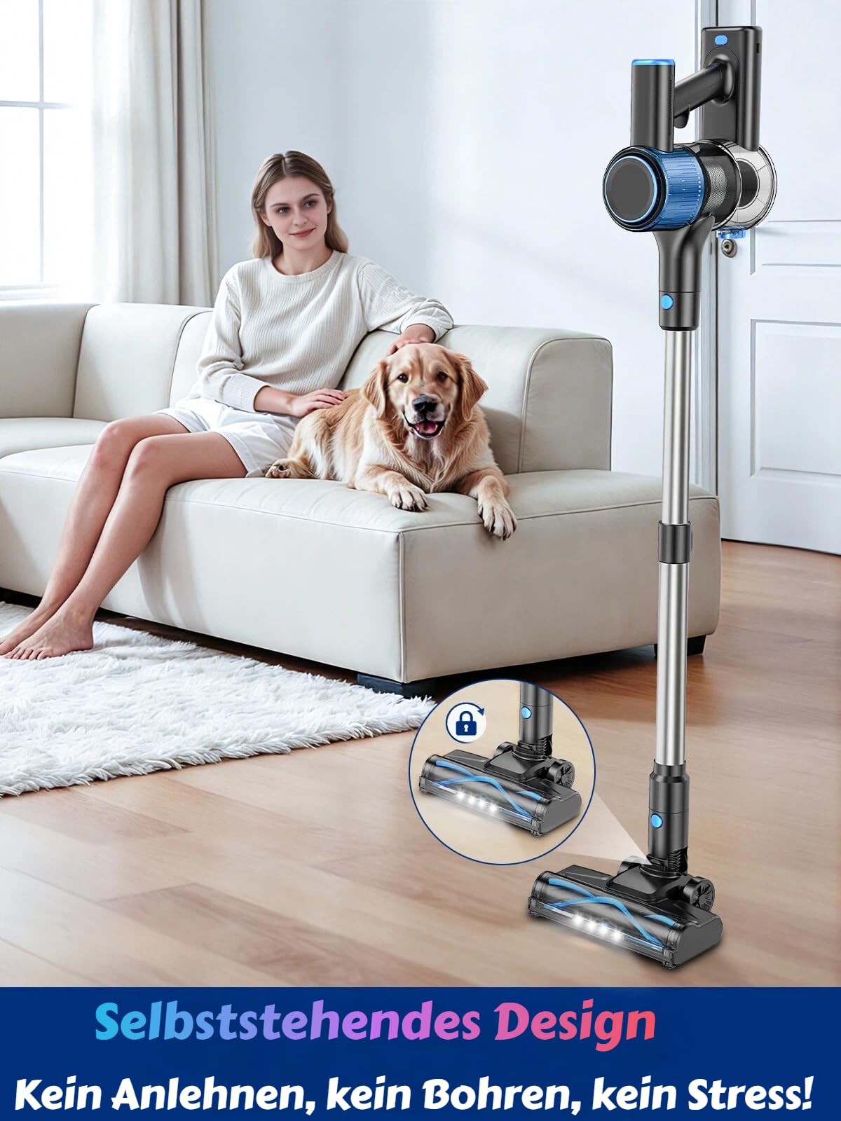 Akku Staubsauger 52KPa/400W/45Min, Kabelloser Staubsauger mit selbststehendem Design, Anti-Tangle Bürste, LED-Display, 3 Saugstufen, abnehmbarer Akku für Tierhaare, Hartböden & Auto - Azure