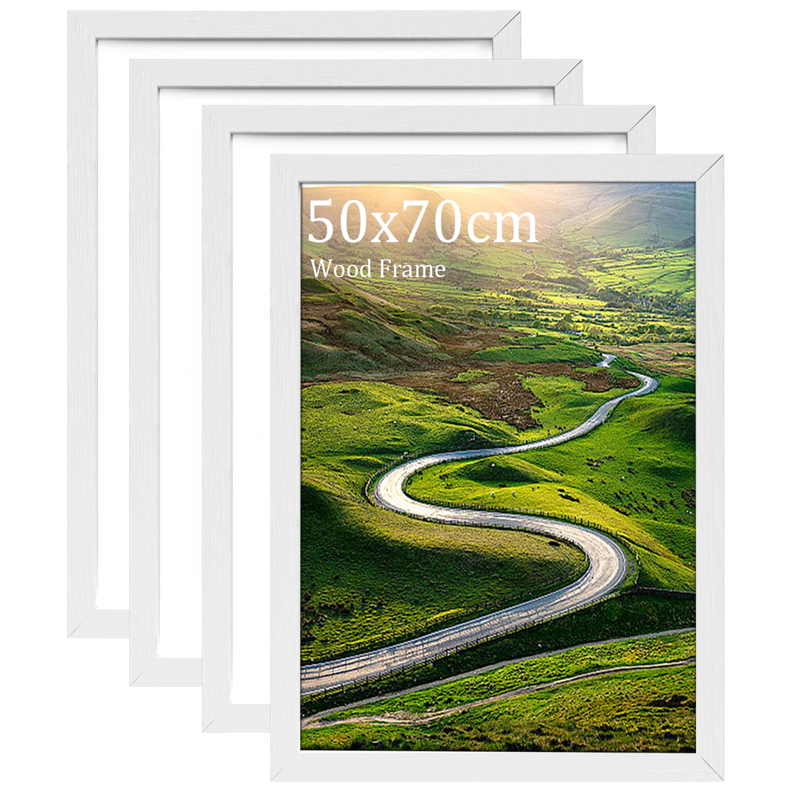 4Pack 50x70cm Picture Frame, Wooden 50 by 70 cm Frames, Versatile White Frame, Dual Orientation (Landscape/Portrait), Includes Wall Hooks - Wall Mount for Home, Office, Gallery — image 1