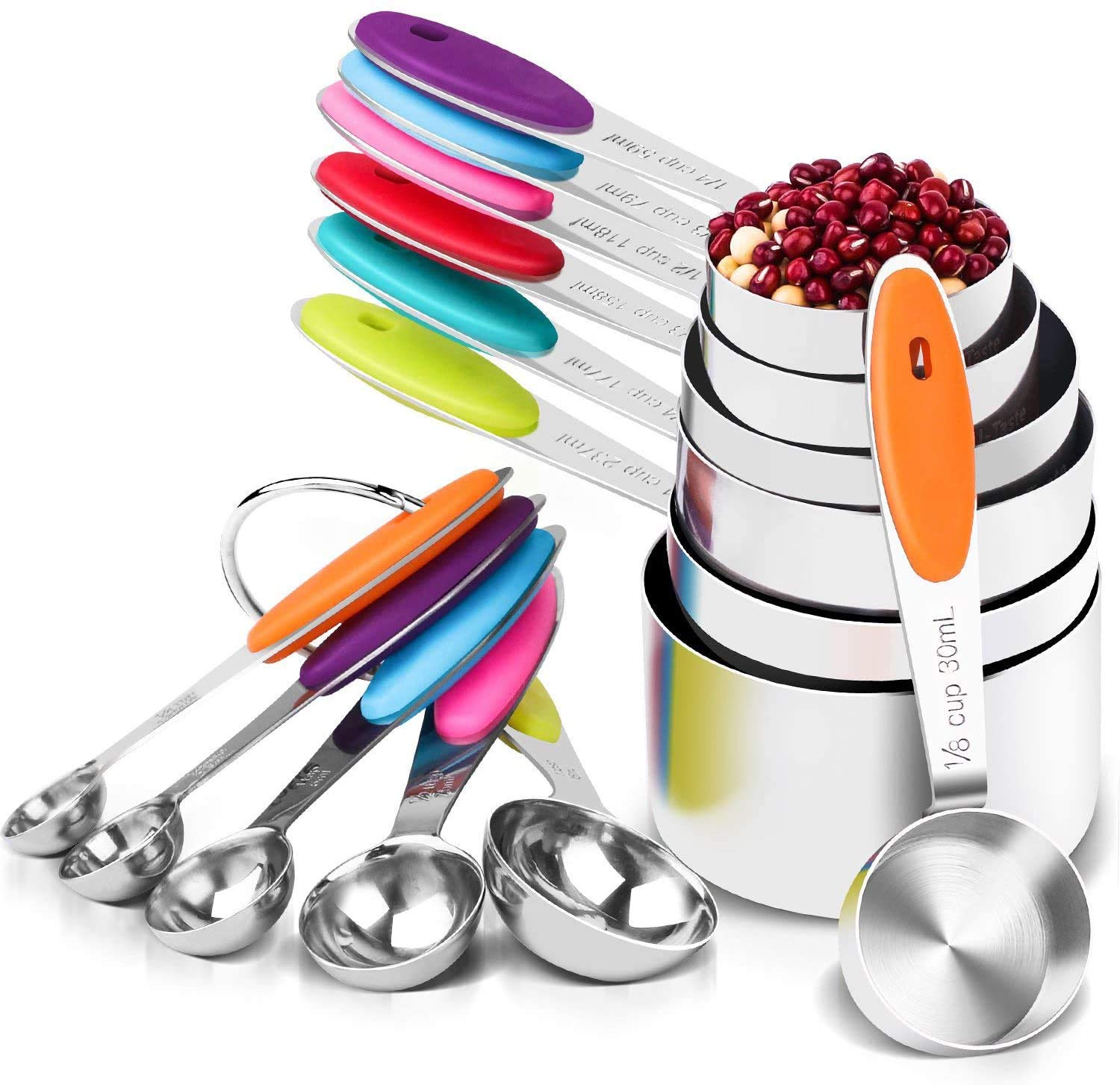 Measuring Cups Spoons Set of 10 Stainless Steel 2 Rings Silicone Handle Engraved Measurements for Dry and Liquid Ingredients Dishwasher Safe Cooking Baking Kitchen