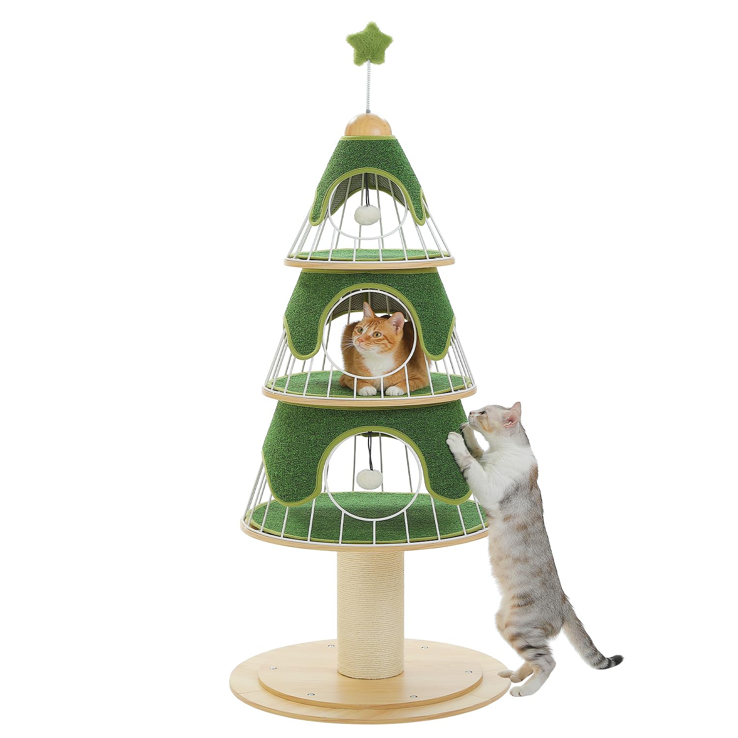 PAWZ Road Cat Tree Christmas,130cm Multi-Level Cat Tower with 14cm Sisal-Covered Scratching Post and 3 large Cat Condos, Large Cat Tree for Indoor Cats, Green