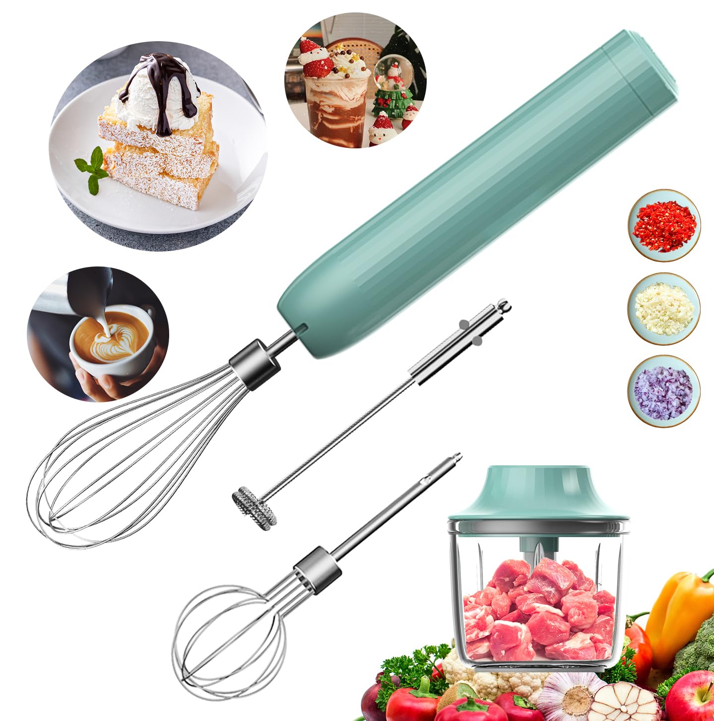 4-in-1 Handheld Frother, Coffee Frother Handheld, Electric Whisk, Milk Frother Wand for Coffee, Matcha, Electric Hand Mixer, Mini Onion Chopper 10Oz, Small Cordless Hand Blender, 4 Speed