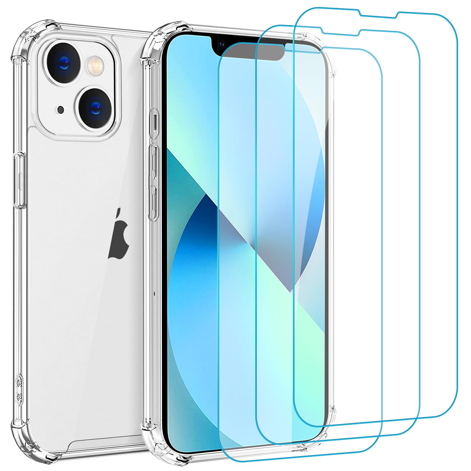 Whioltl Funda para iPhone 13 Mini con [3 unidades] protectores de pantalla de vidrio templado, funda transparente para teléfono, antiarañazos y absorción de golpes, funda básica transparente