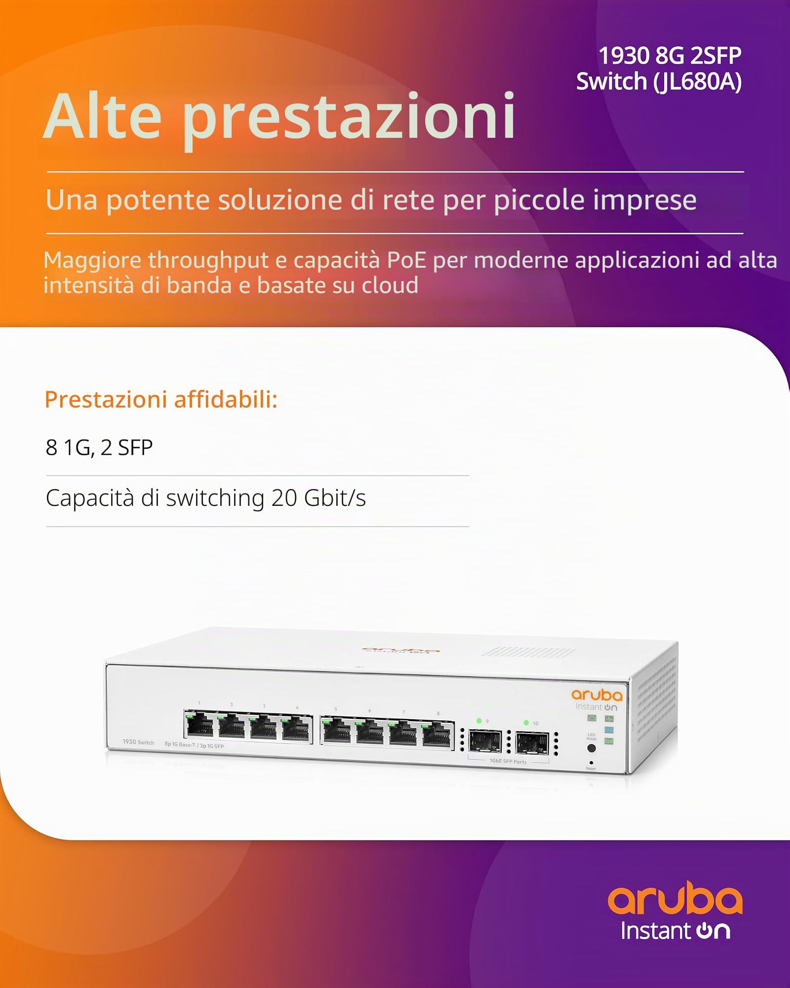 Aruba Instant On 1930 Gestito L2+ Gigabit Ethernet [10/100/1000] 1U Bianco (HPE ARUBA SWITCH INSTANT ON 1930 8G,8 PORTS 2SFP)