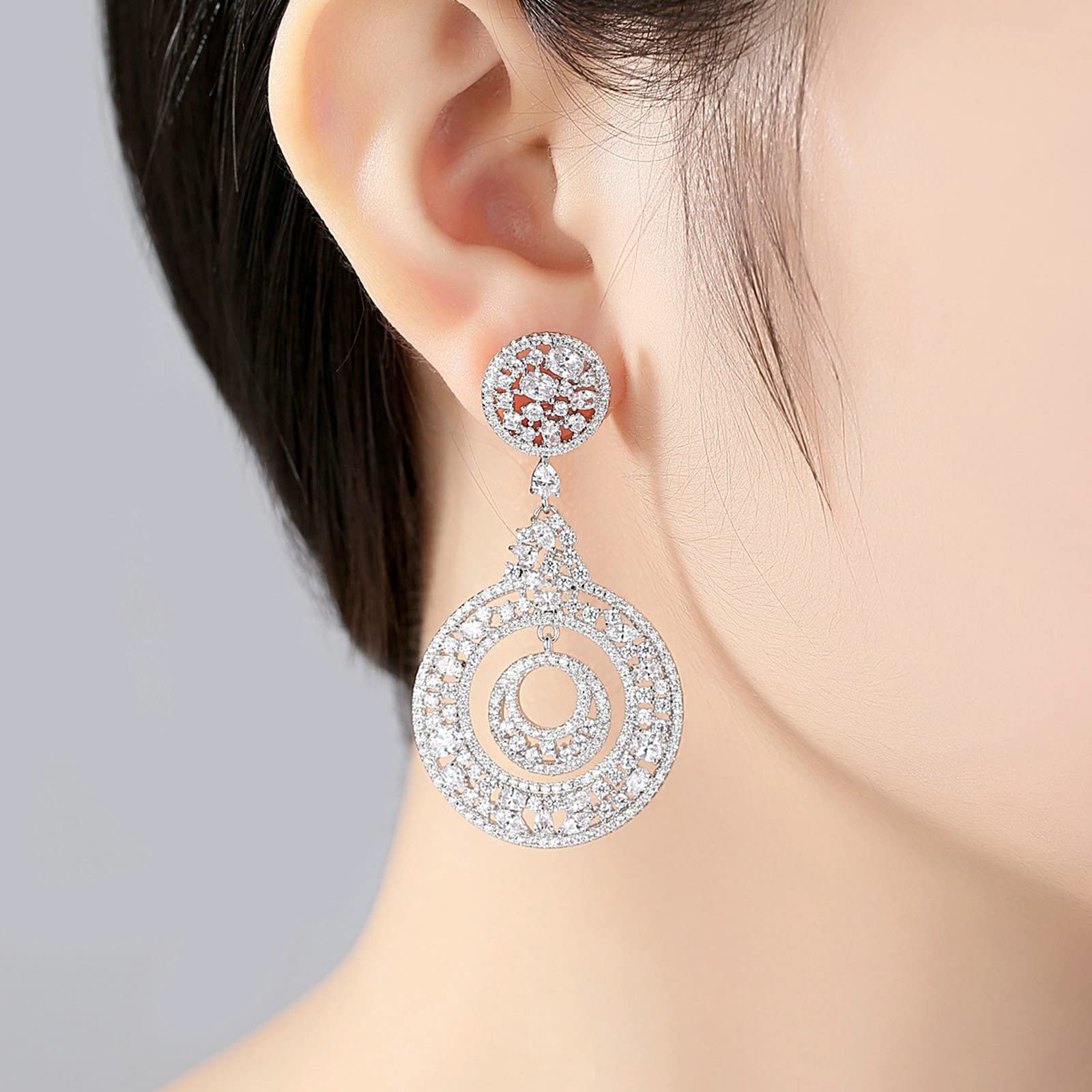 KnSam Pendientes de mujer, de oro, pendientes para niña, doble redondo con circonita cúbica, cobre, pendientes para mujer o niña, color blanco y oro