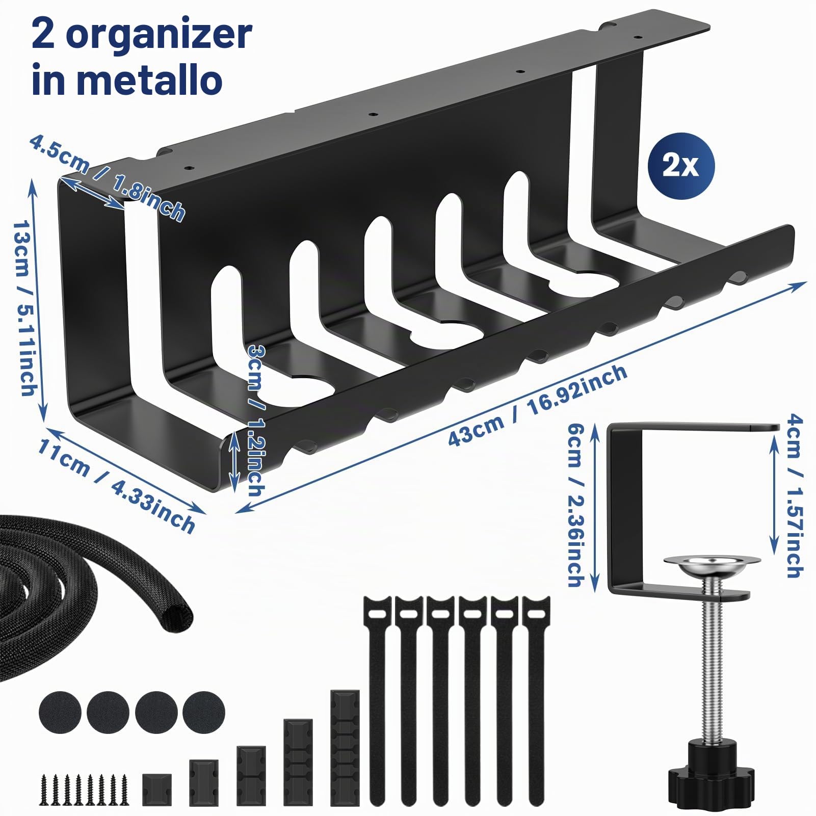 Raccogli Cavi Scrivania, Set di 2 Canalina Passacavi, Nascondi Canali Organizer Cavi da Tavolo Senza Foratura, 43cm Portacavi Sotto Scrivania - Nero
