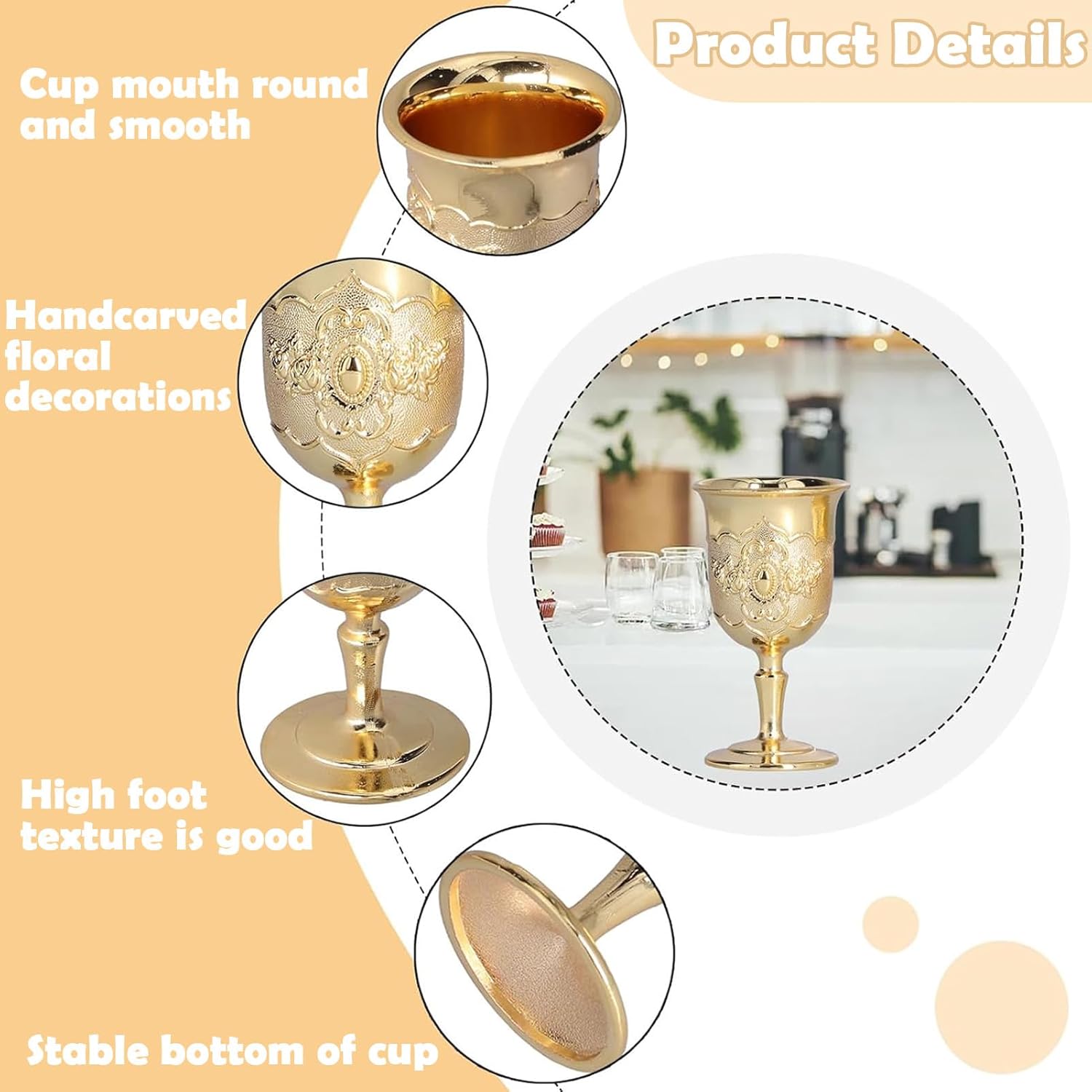 Horoper Mini Vintage Gold Goblet, 2Pcs Goblet European High Grade Golden Retro Ornaments Holy Altar Chalice Metal Glasses Wine Cup for Wine Liqueur Whiskey