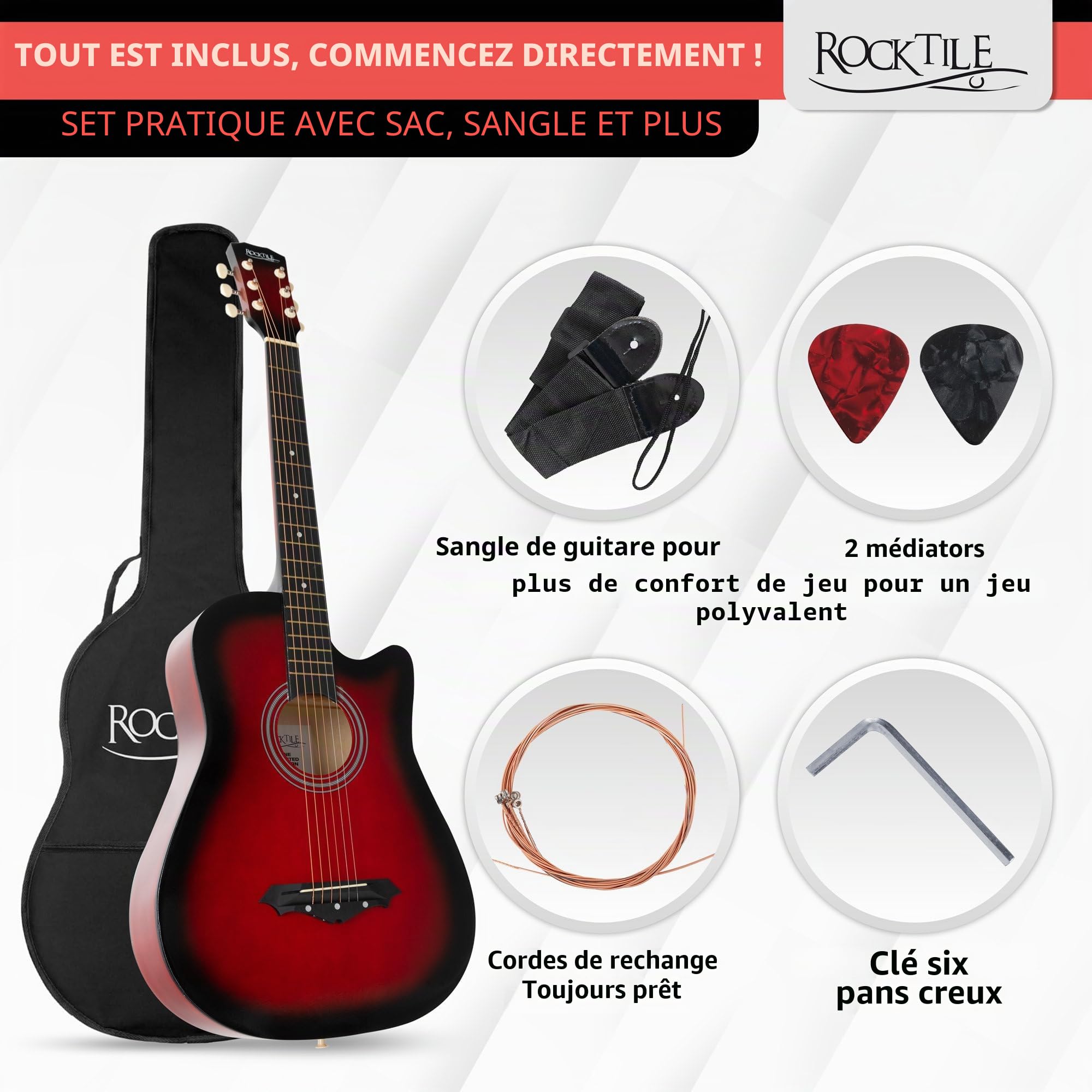 Rocktile WSD-5C-RDB Slim Line Set de Guitares Western - Guitare Acoustique Dreadnought - Corps en Tilleul - Manche : Catalpa - Set incluant housse, cordes de rechange, sangle et médiators - Redburst