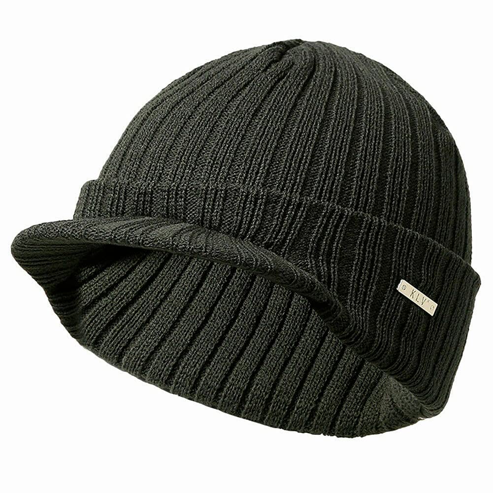 Ausuky Men's Dark Gary Winter Warm Knit Hat Visor Brim Peaked Beanie Ski Hat Cap Baseball Cap Skull Hat (Dark Gary), One Size