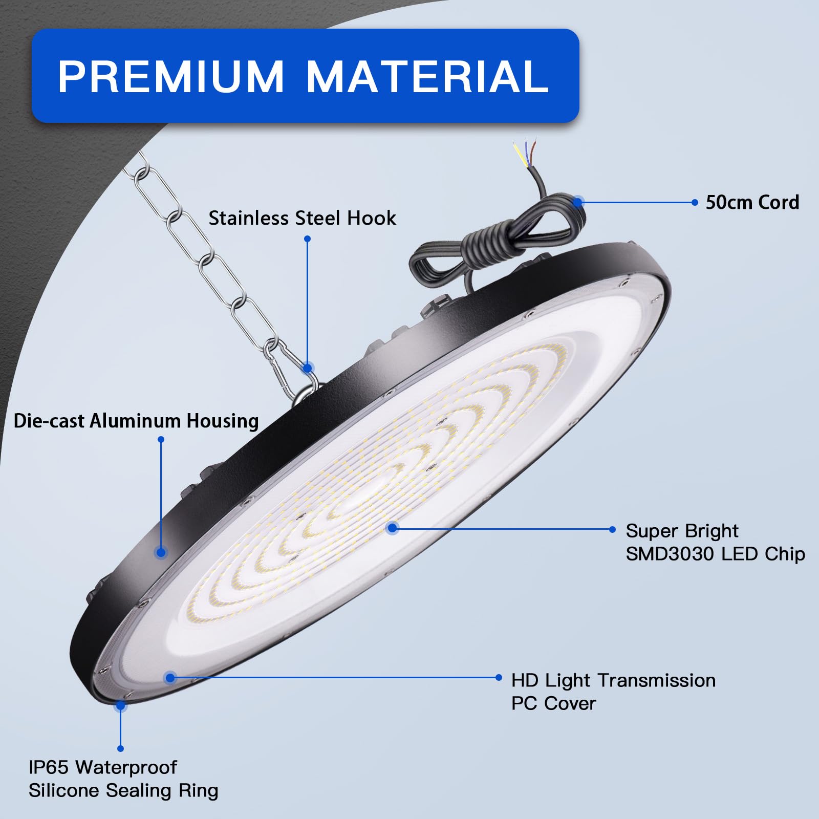 300 W UFO LED High Bay Light, 6000 K zimna biel UFO lampa warsztatowa LED, reflektor halowy 30 000 lm, wodoszczelność IP65, lampa przemysłowa High Bay do fabryk, garażu, magazynu