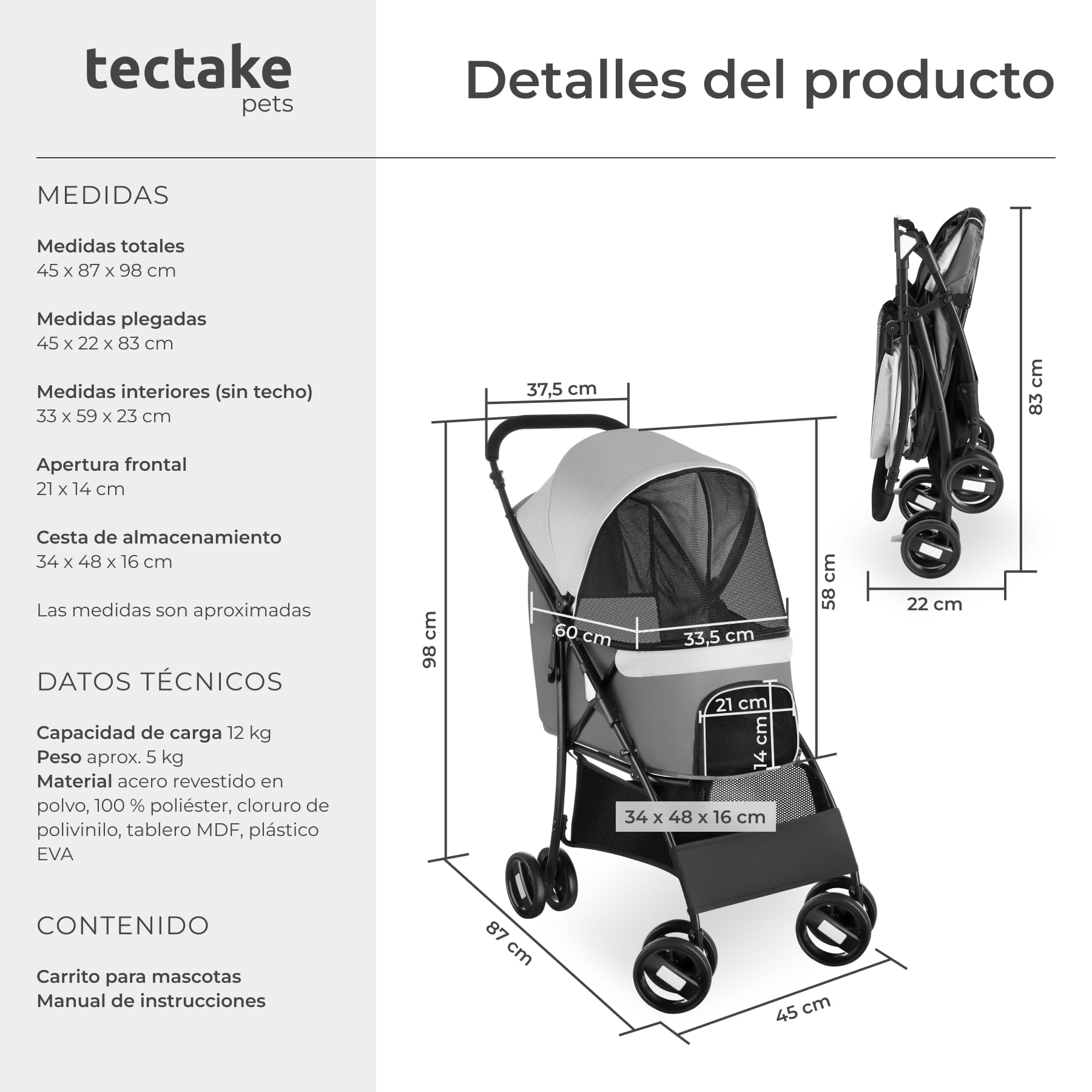 tectake® Carrito para Mascotas, Plegable, con Suspensión y 2 Arneses Ajustables, Ruedas Dobles Giratorias y con Freno, Tejido Oxford Resistente al Agua, Transporte Seguro para Perros, Gatos y Mascotas